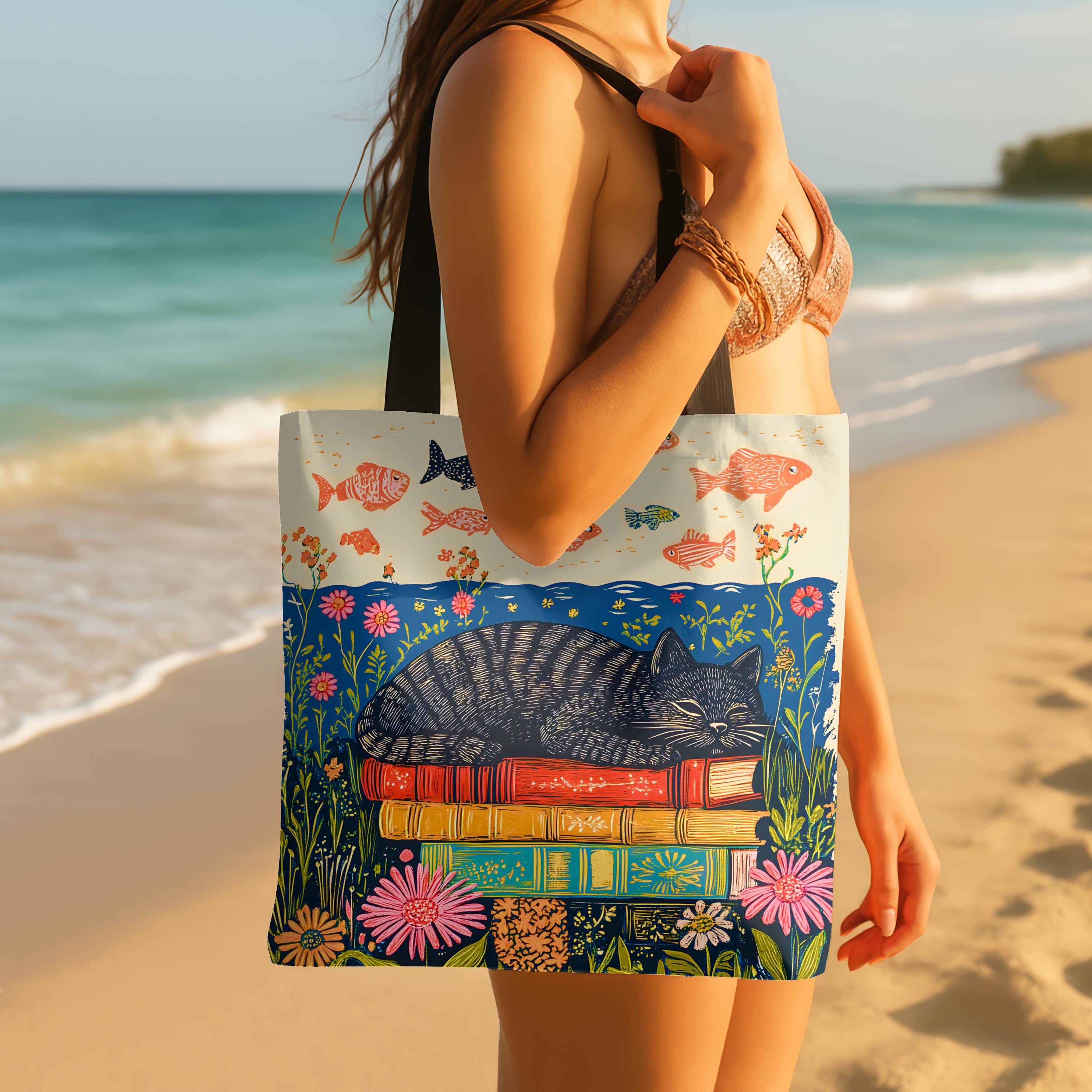 LELORESTORE Sleeping Black Cat Book Tote Bag 13in Floral Bookish Design