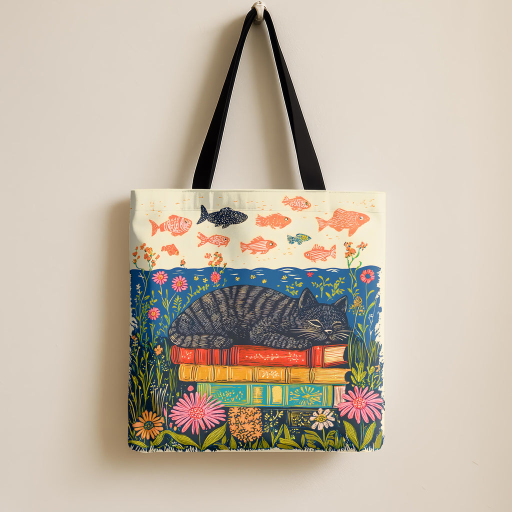 LELORESTORE Sleeping Black Cat Book Tote Bag 13in Floral Bookish Design