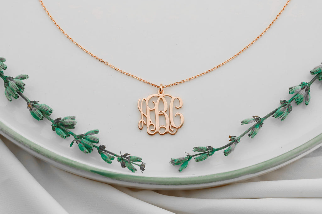 SilverGoldandRose Vine Monogram Necklace Personalized Initial Jewelry