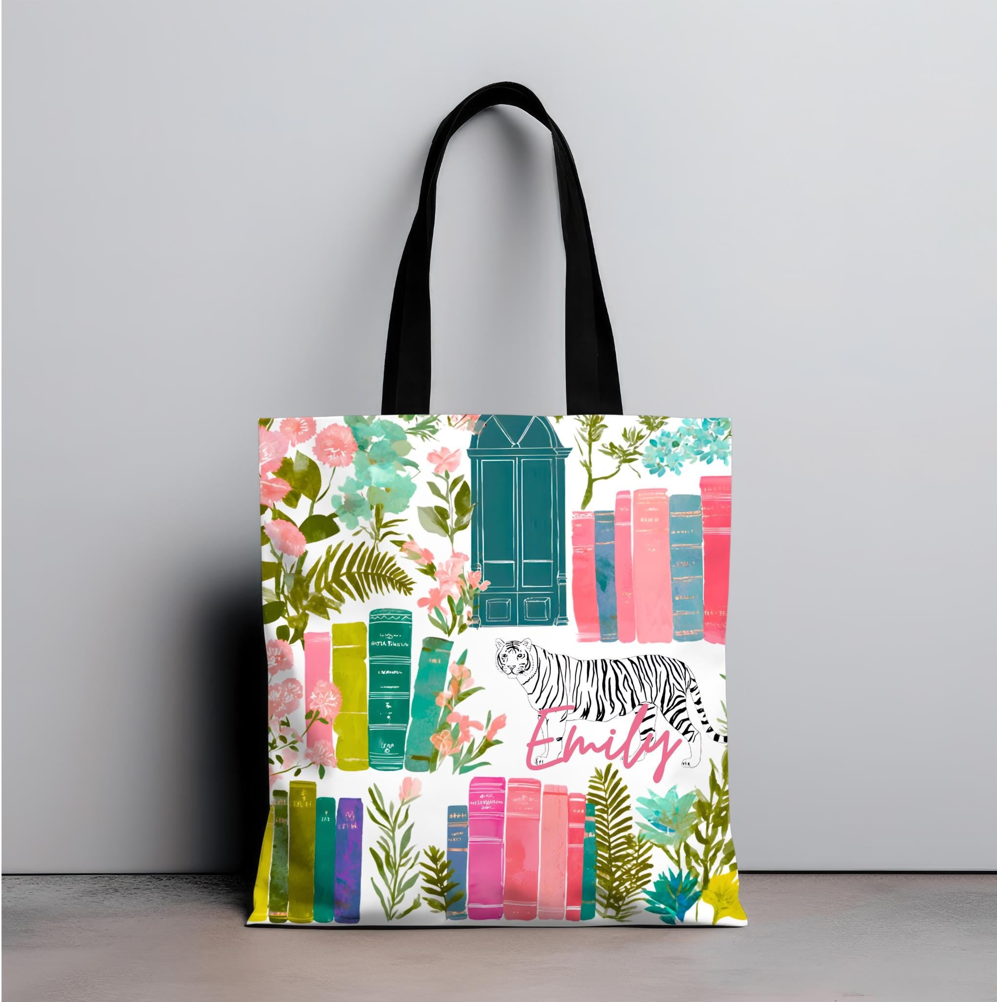 LELORESTORE Floral Bookshelf Custom Tote Bag Personalized Vintage Tiger