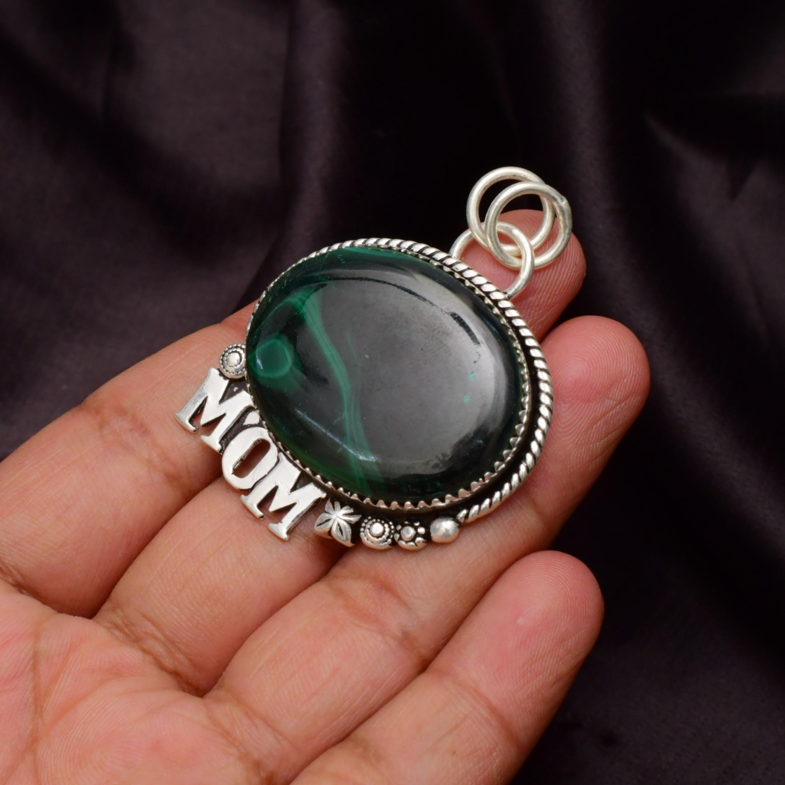 EkkJewels Handmade Malachite Gemstone Pendant Necklace, 925 Sterling Silver MOM Charm