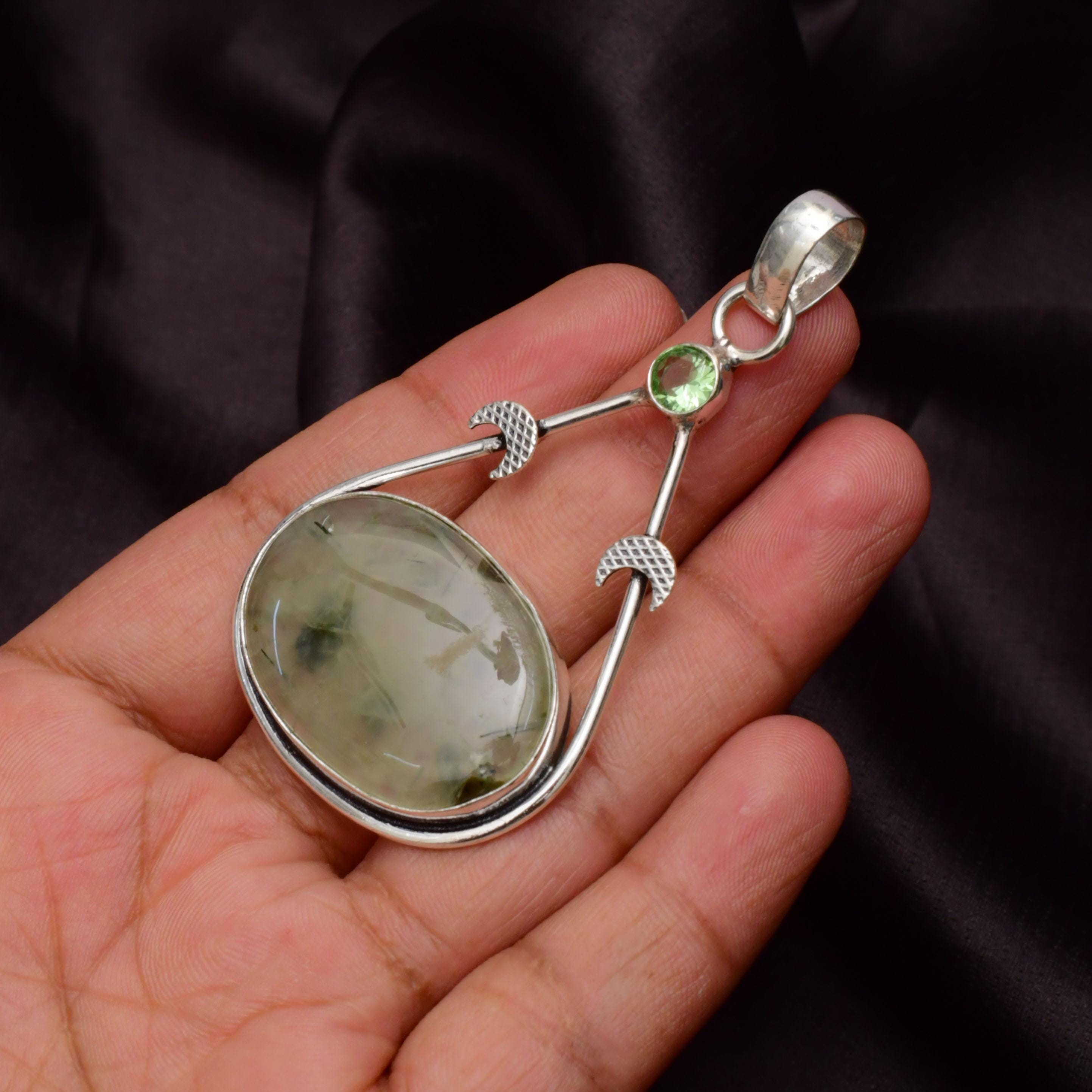 EkkJewels Handmade Prehnite Pendant 925 Sterling Silver Gemstone Necklace