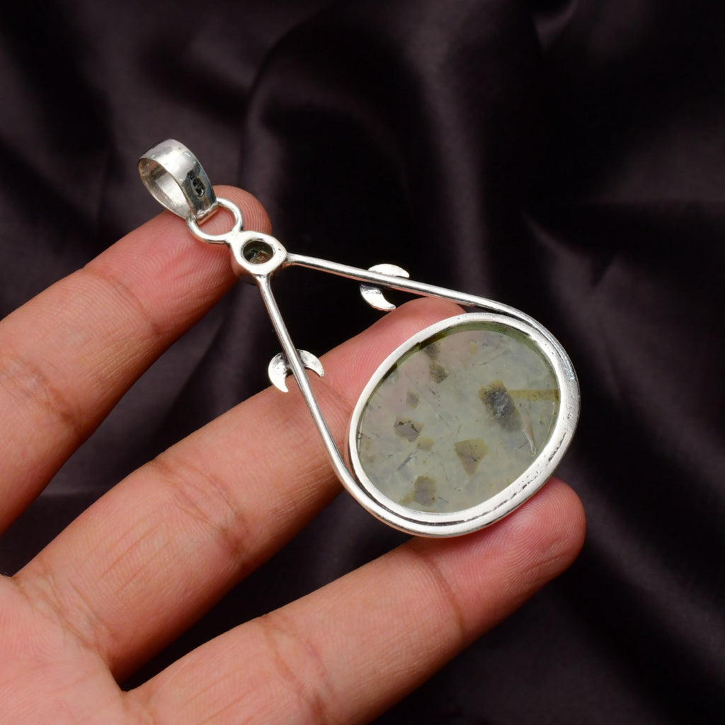 EkkJewels Handmade Prehnite Pendant 925 Sterling Silver Gemstone Necklace