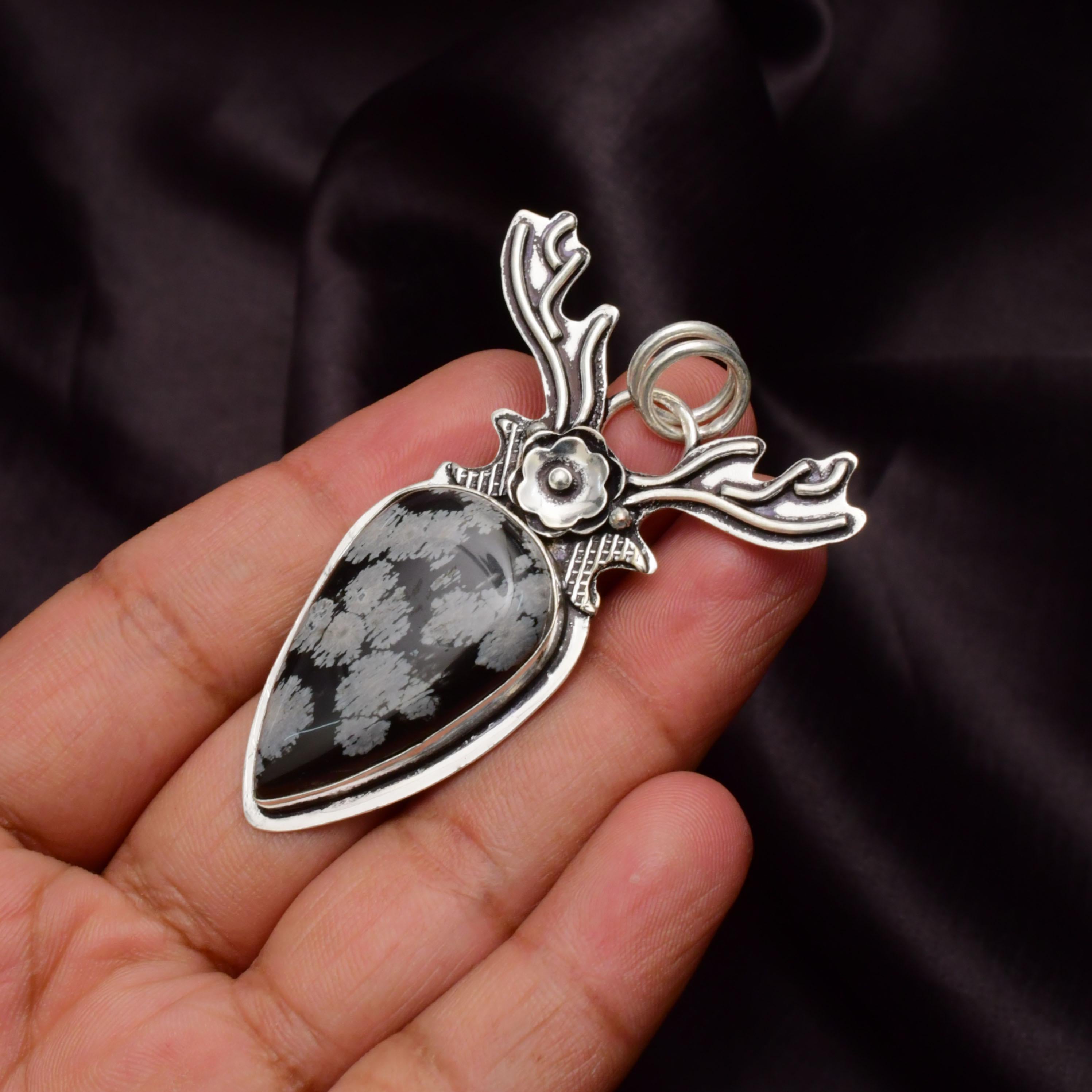 EkkJewels Snowflake Obsidian 925 Sterling Silver Deer Pendant Necklace