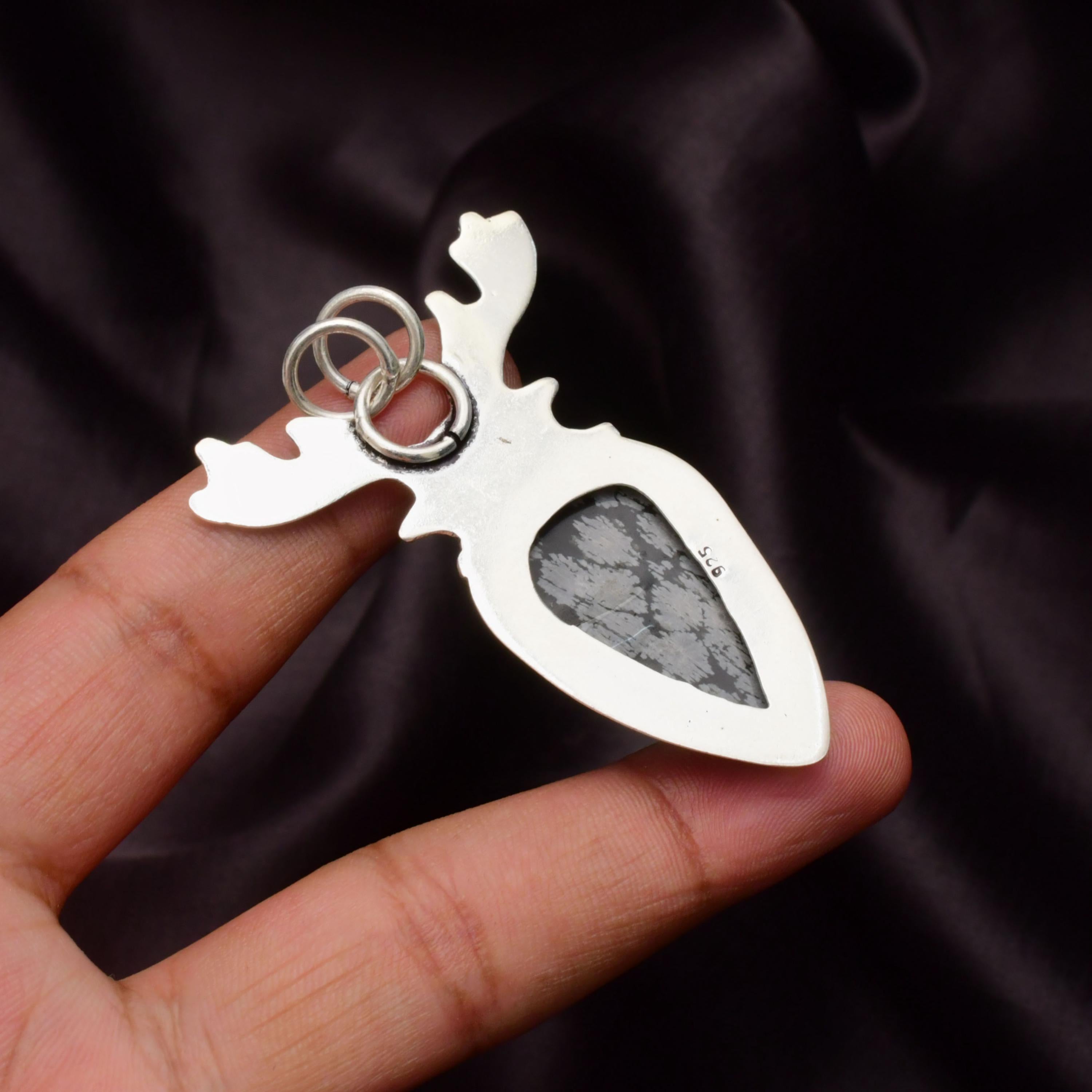 EkkJewels Snowflake Obsidian 925 Sterling Silver Deer Pendant Necklace