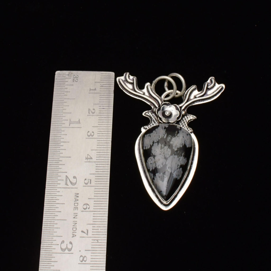 EkkJewels Snowflake Obsidian 925 Sterling Silver Deer Pendant Necklace