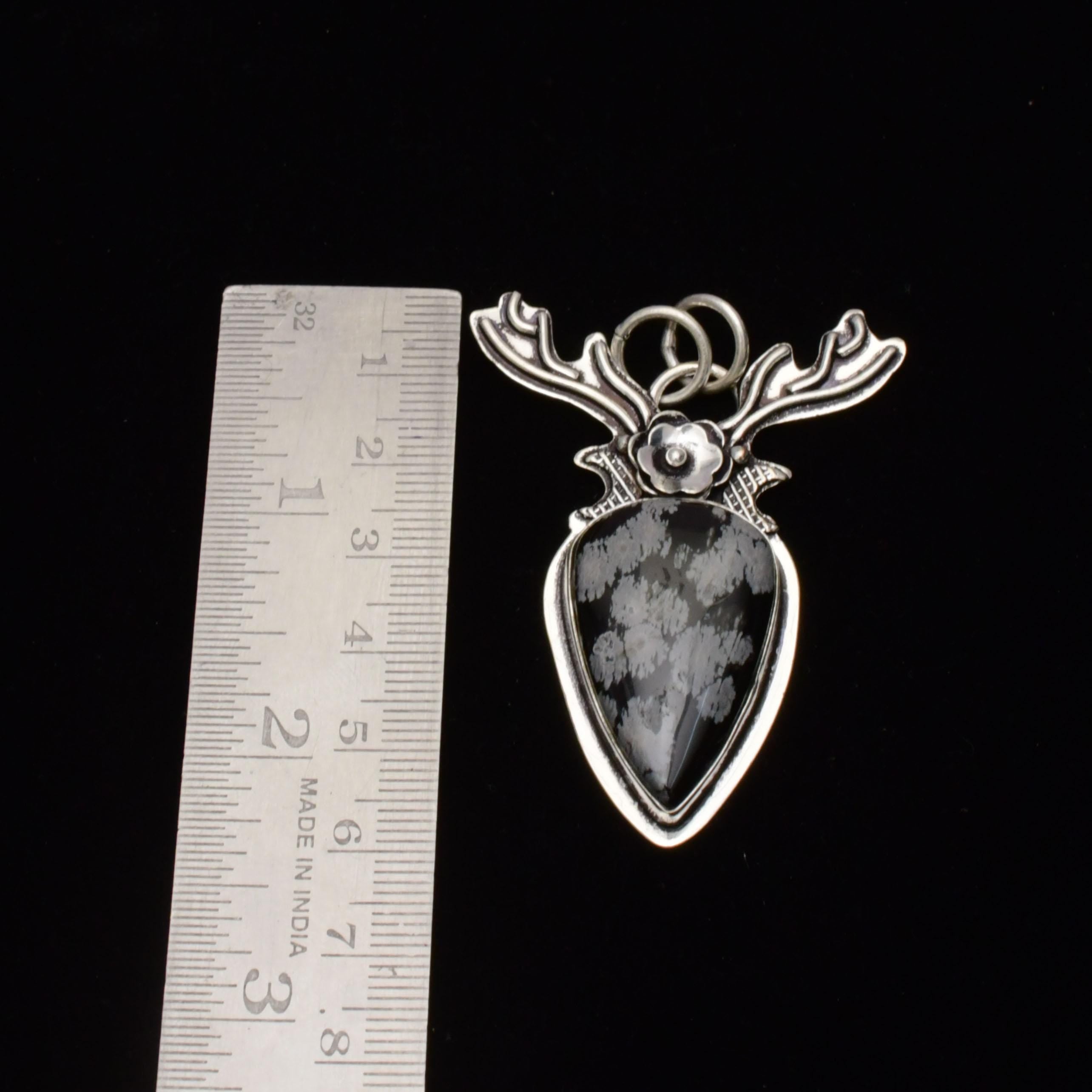 EkkJewels Snowflake Obsidian 925 Sterling Silver Deer Pendant Necklace