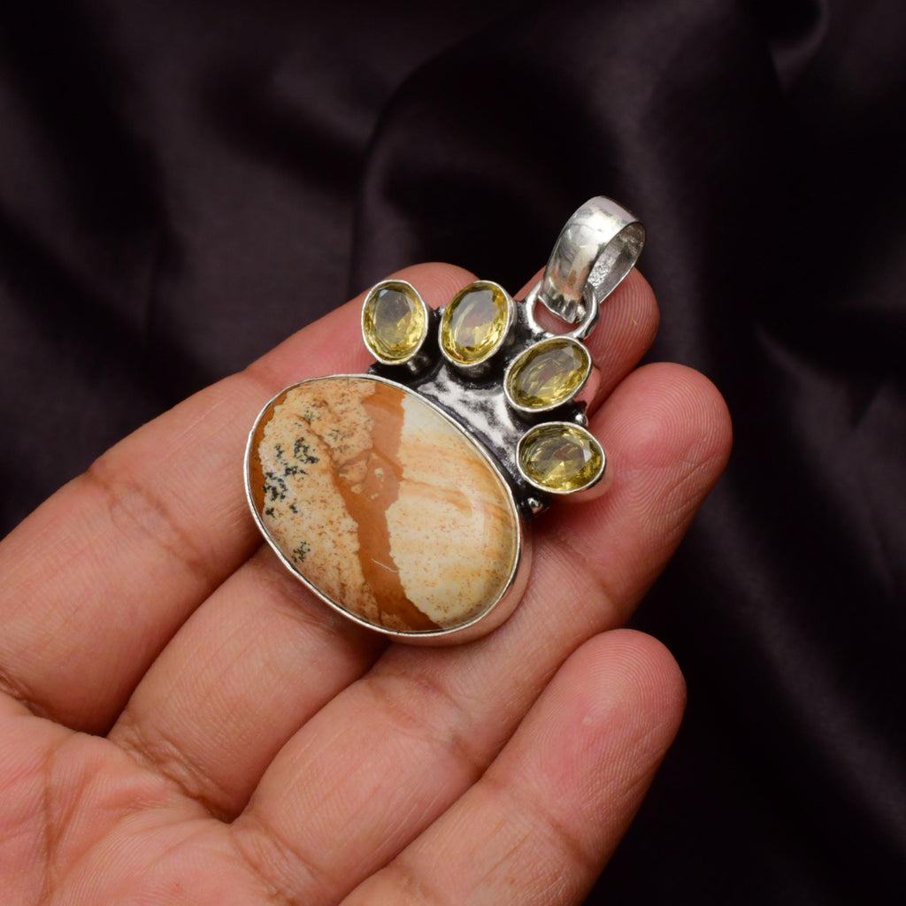 EkkJewels Picture Jasper Pet Paw Pendant Necklace 925 Sterling Silver 1.8in