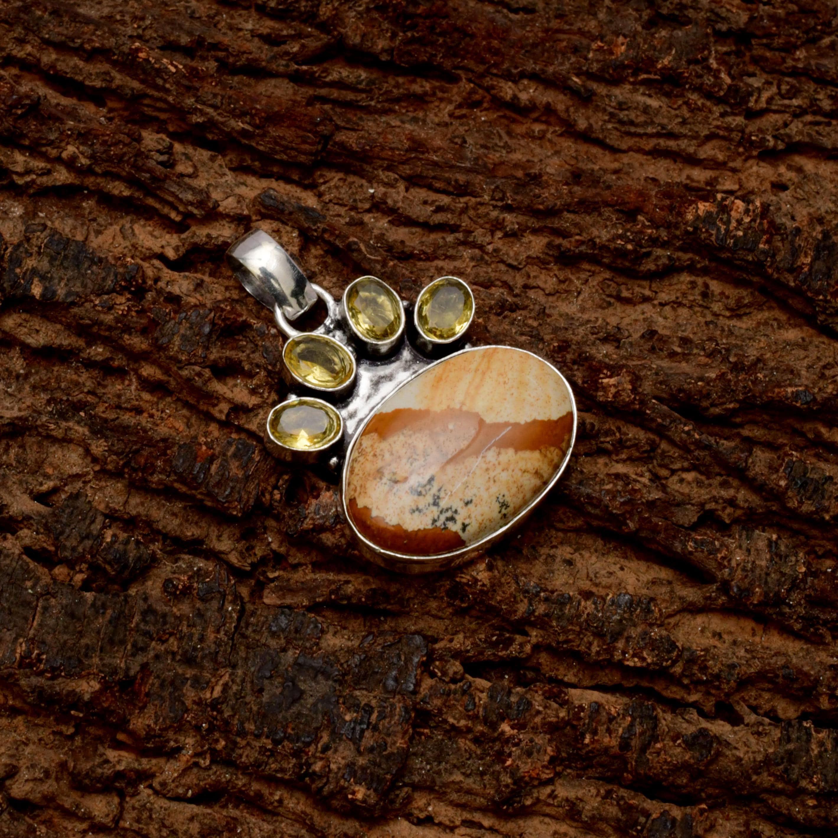 EkkJewels Picture Jasper Pet Paw Pendant Necklace 925 Sterling Silver 1.8in