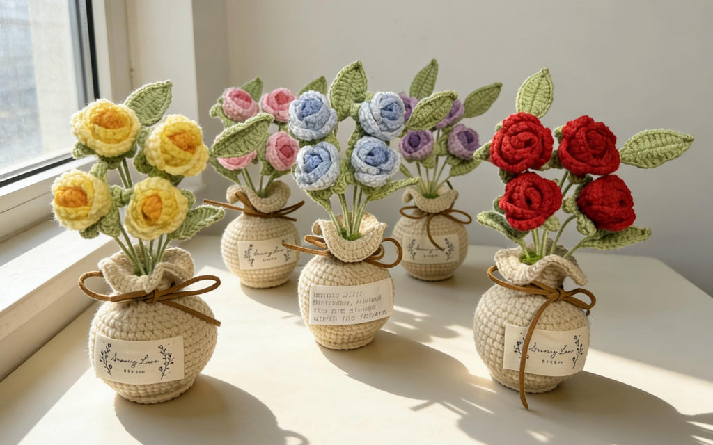 CrochetRecipe Handmade Crochet Rose Bouquet Vase Personalized Gift 7in