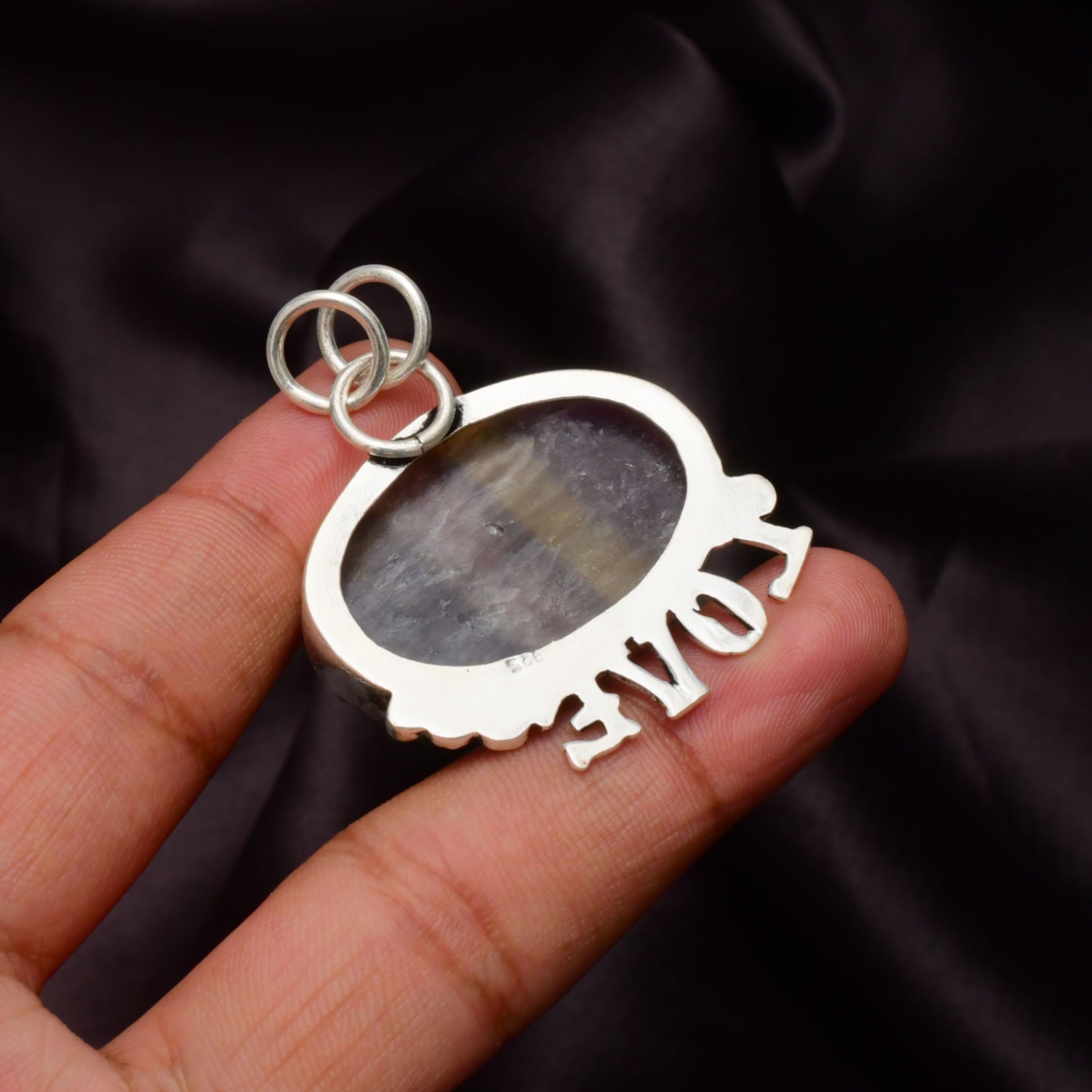 EkkJewels Fluorite Gemstone 925 Sterling Silver LOVE Pendant Necklace
