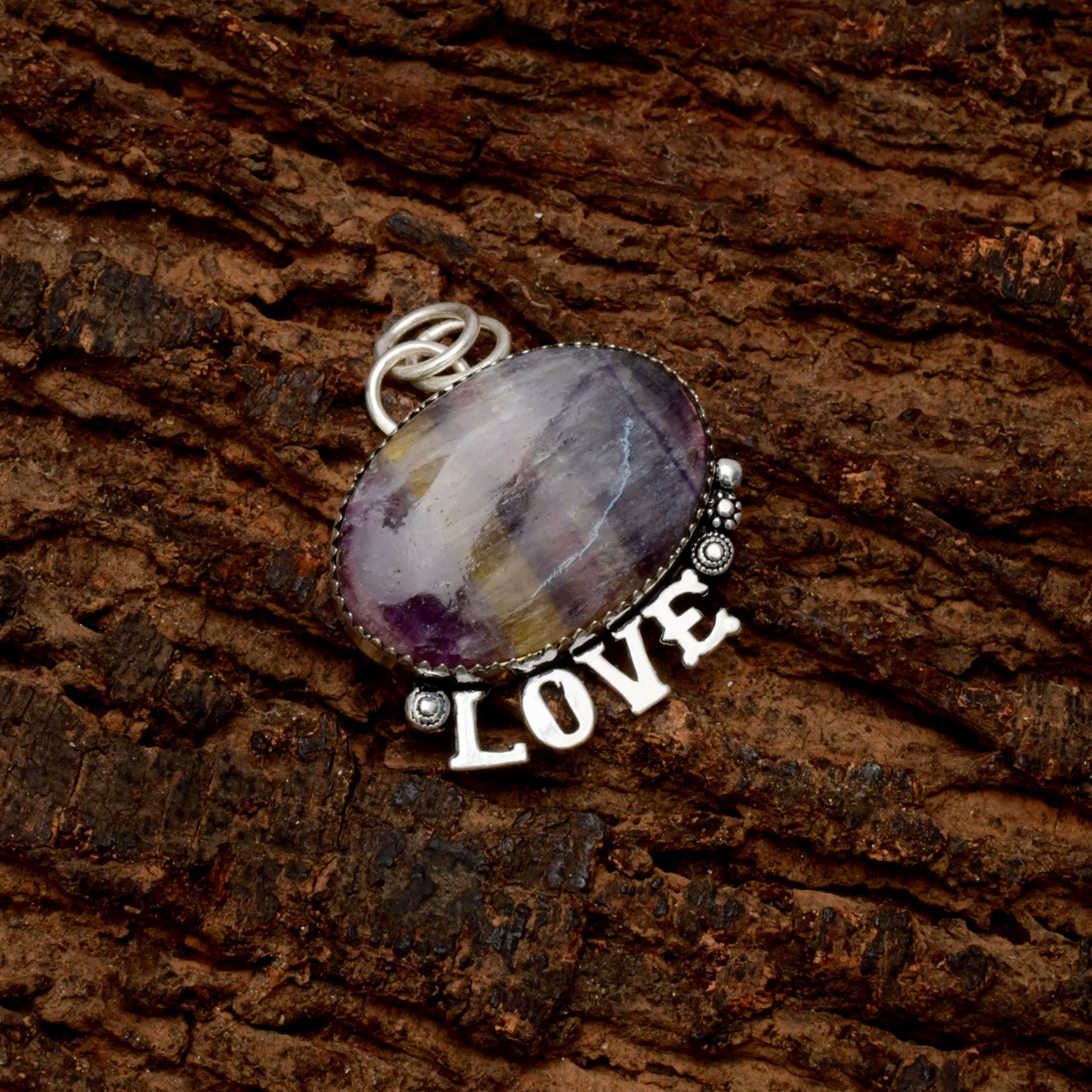 EkkJewels Fluorite Gemstone 925 Sterling Silver LOVE Pendant Necklace