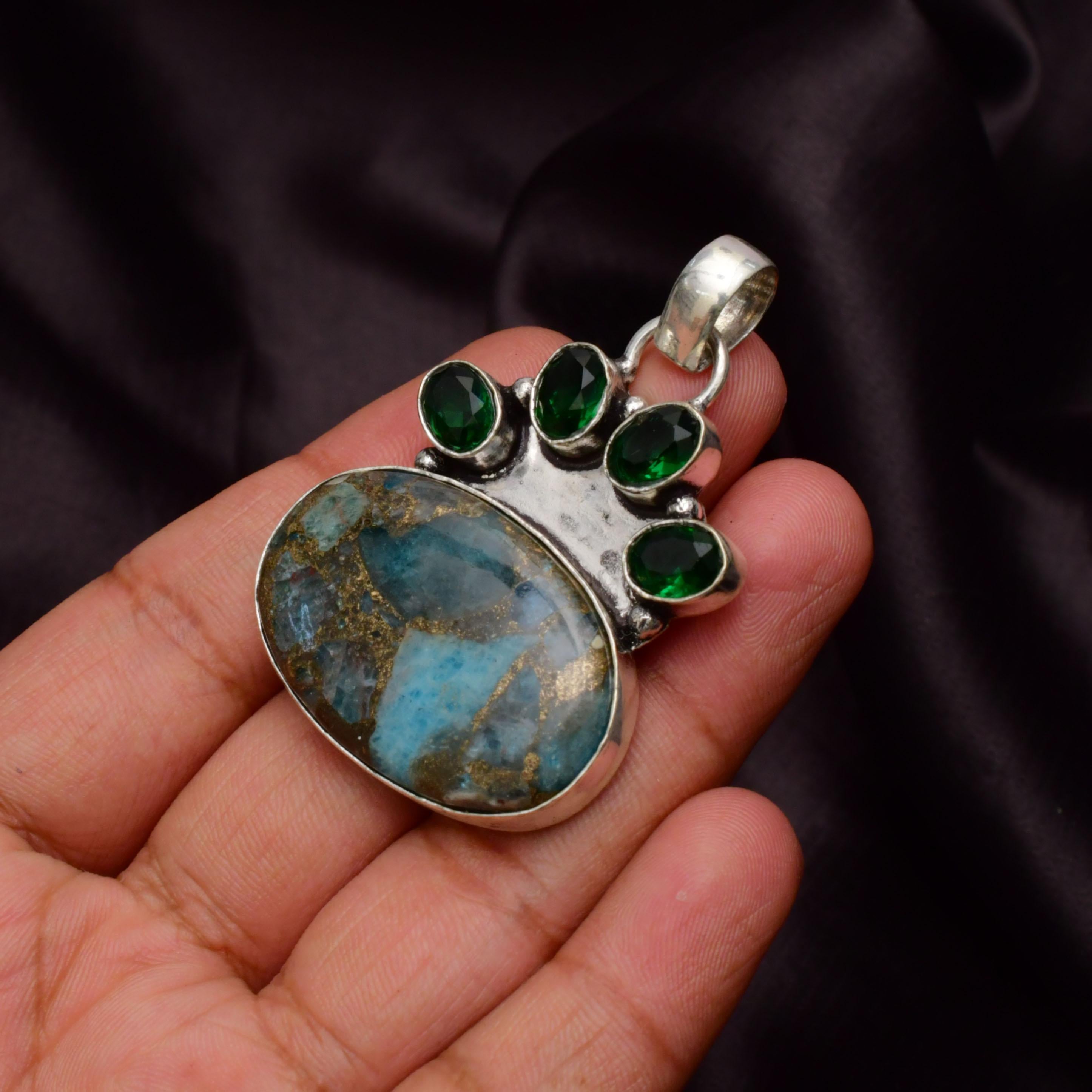 EkkJewels Copper Neon Apatite Gemstone Pendant 925 Sterling Silver Necklace