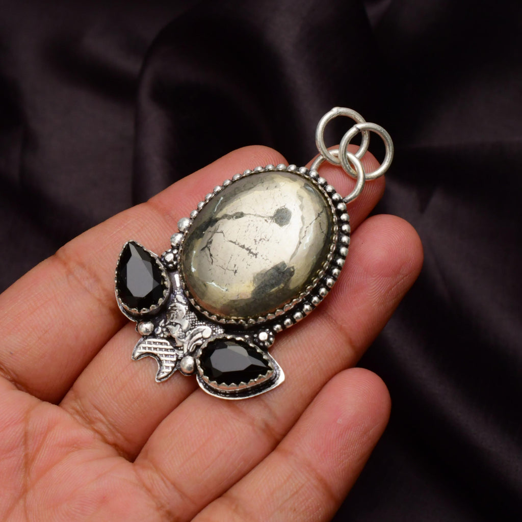 Handmade Golden Pyrite Gemstone Pendant 925 Sterling Silver Necklace