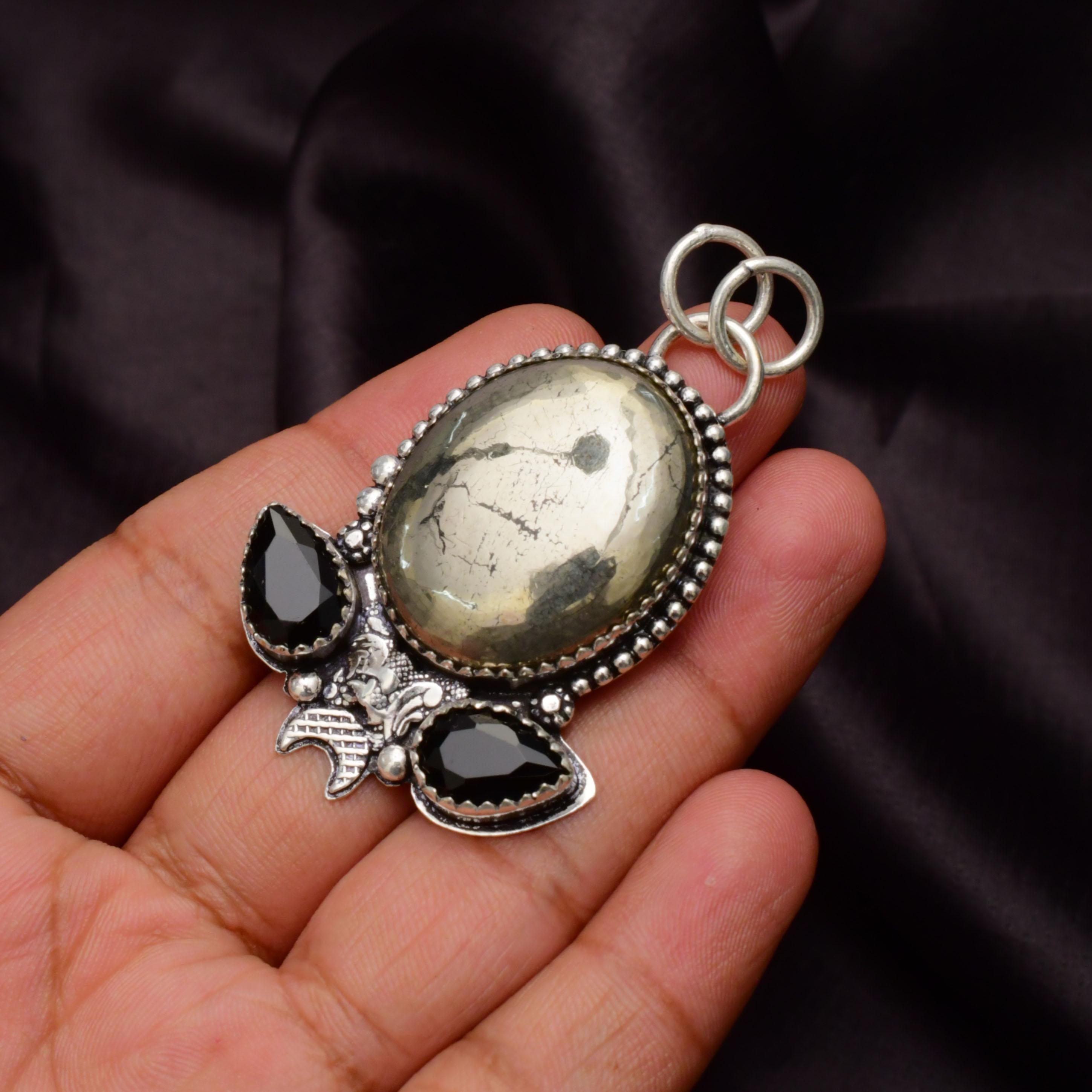 Handmade Golden Pyrite Gemstone Pendant 925 Sterling Silver Necklace