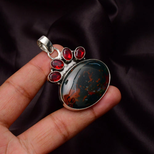 EkkJewels Blood Stone Gemstone Pendant 925 Sterling Silver 2in