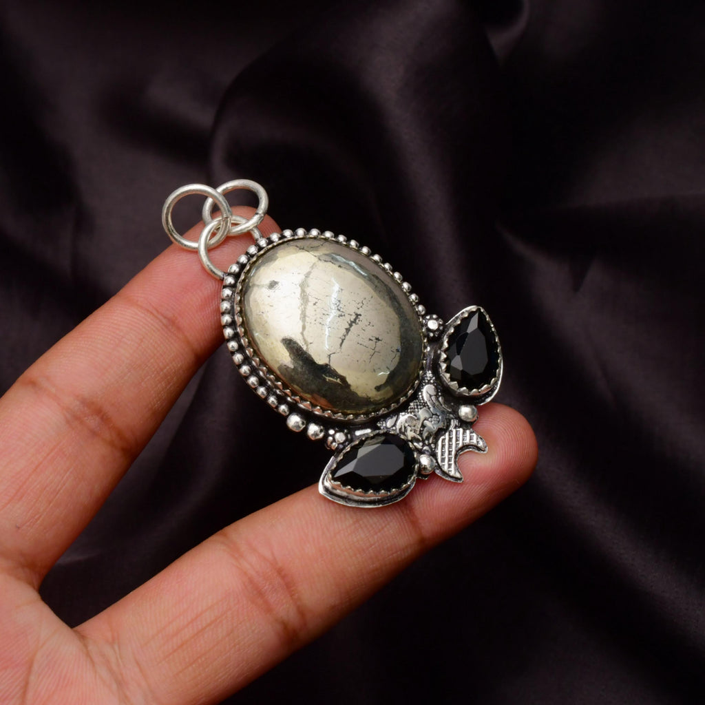 Handmade Golden Pyrite Gemstone Pendant 925 Sterling Silver Necklace