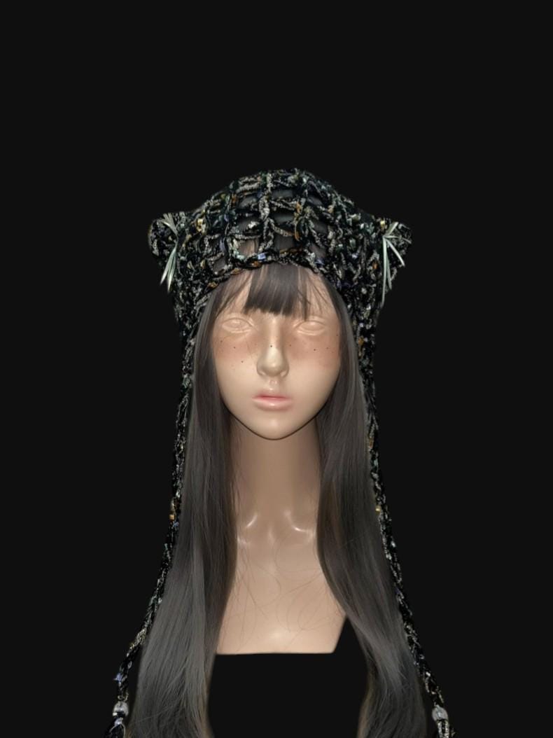 StellarPride Handcrafted Black Cat Ears Cap Gold-Accent Lace