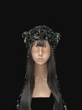 StellarPride Handcrafted Black Cat Ears Cap Gold-Accent Lace