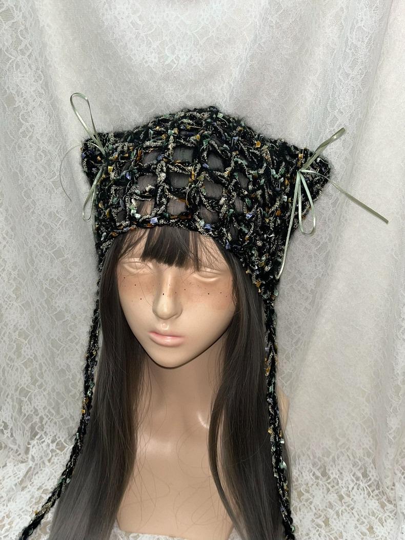 StellarPride Handcrafted Black Cat Ears Cap Gold-Accent Lace
