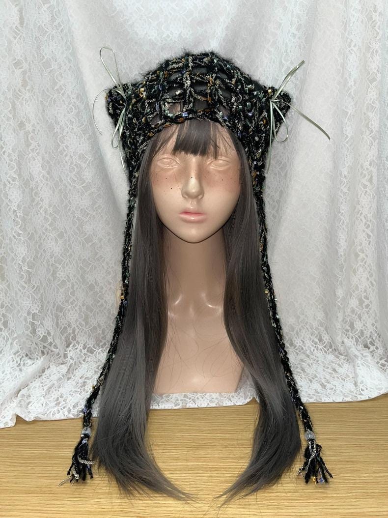 StellarPride Handcrafted Black Cat Ears Cap Gold-Accent Lace