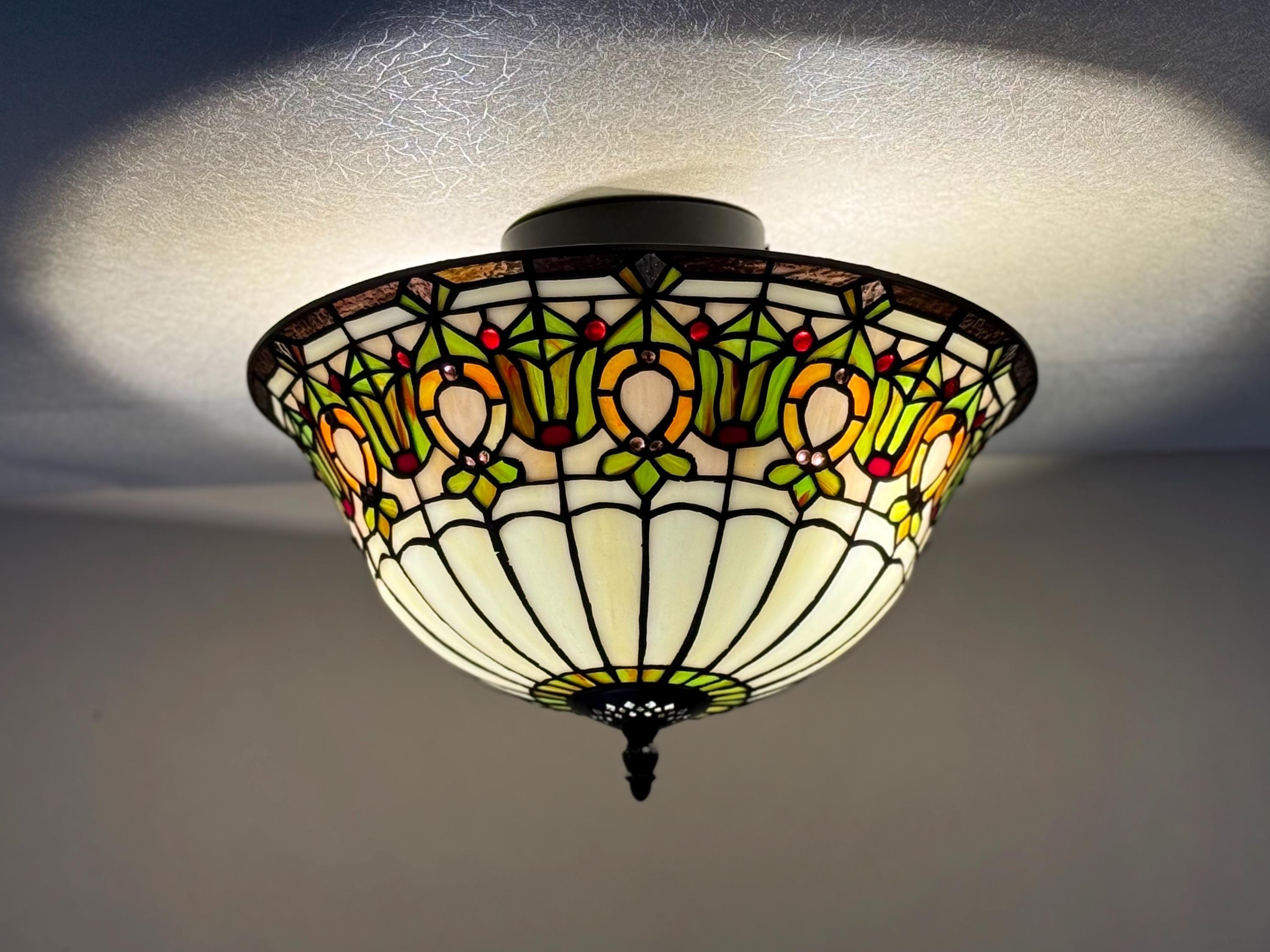 U2Antique Floral Dragonfly Tiffany Flush Mount Ceiling Lamp 14in