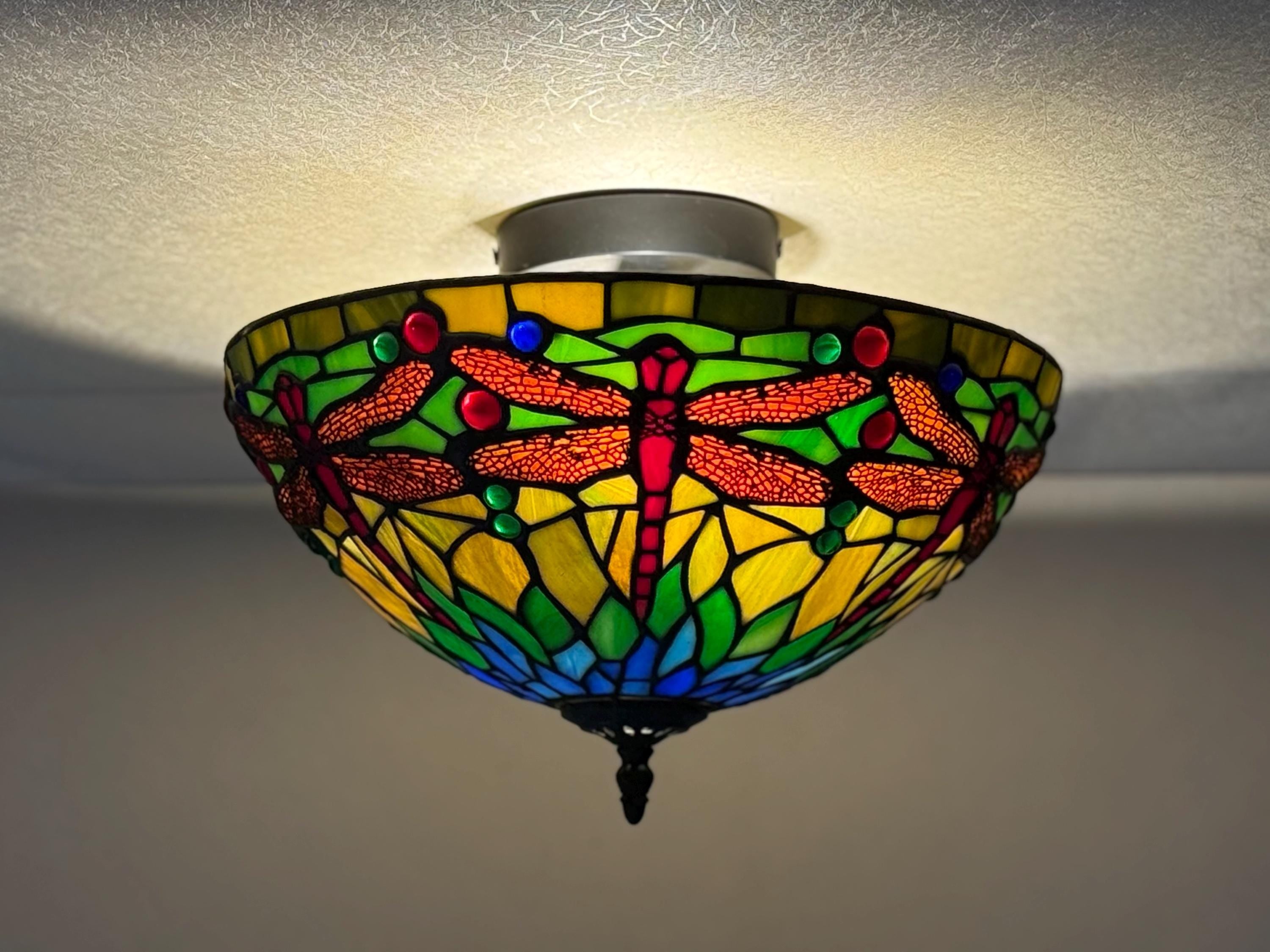 U2Antique Floral Dragonfly Tiffany Flush Mount Ceiling Lamp 14in