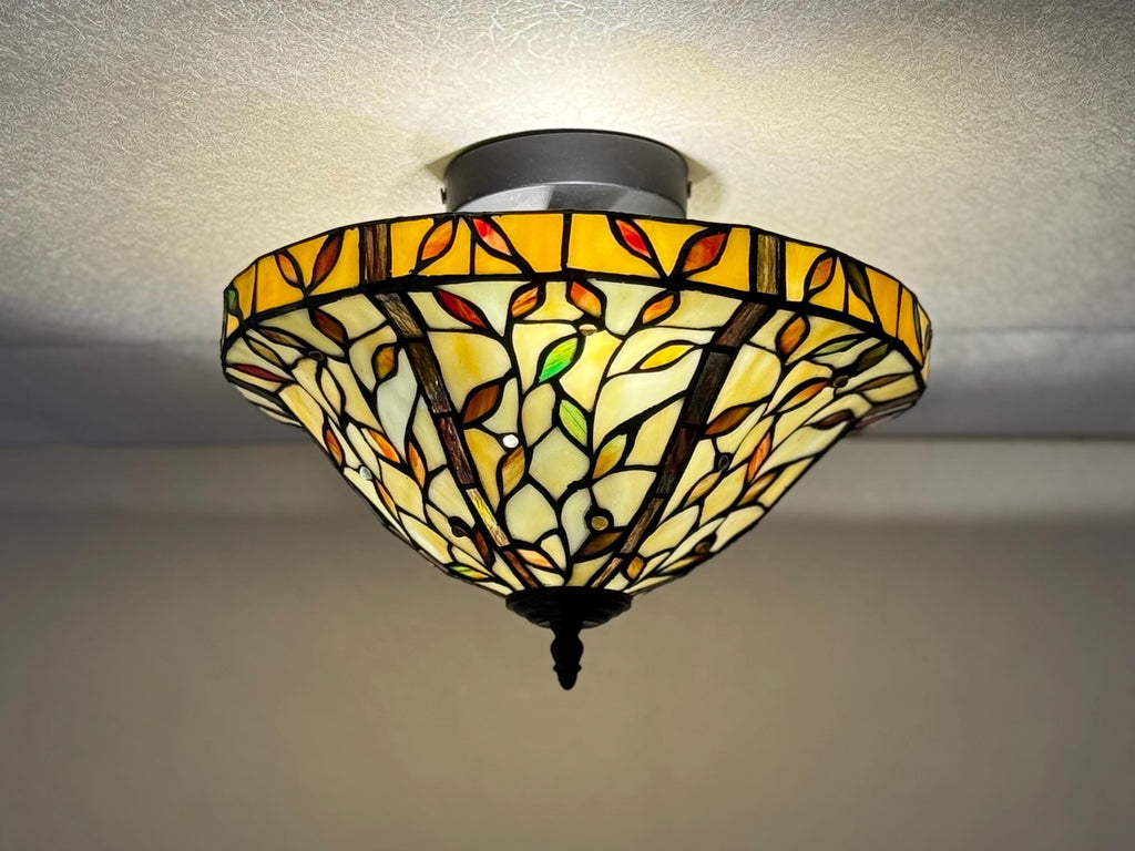 U2Antique Floral Dragonfly Tiffany Flush Mount Ceiling Lamp 14in