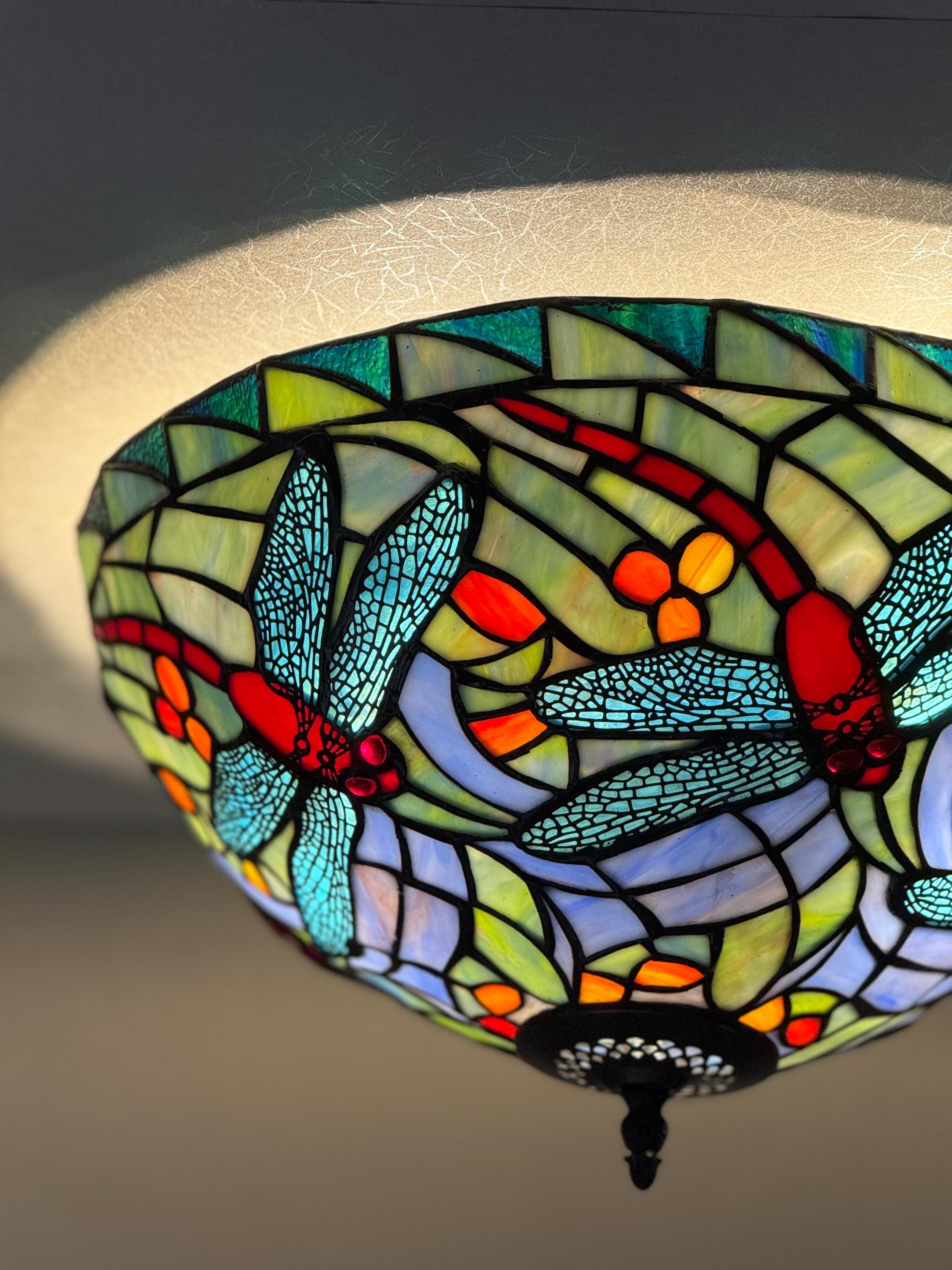 U2Antique Floral Dragonfly Tiffany Flush Mount Ceiling Lamp 14in