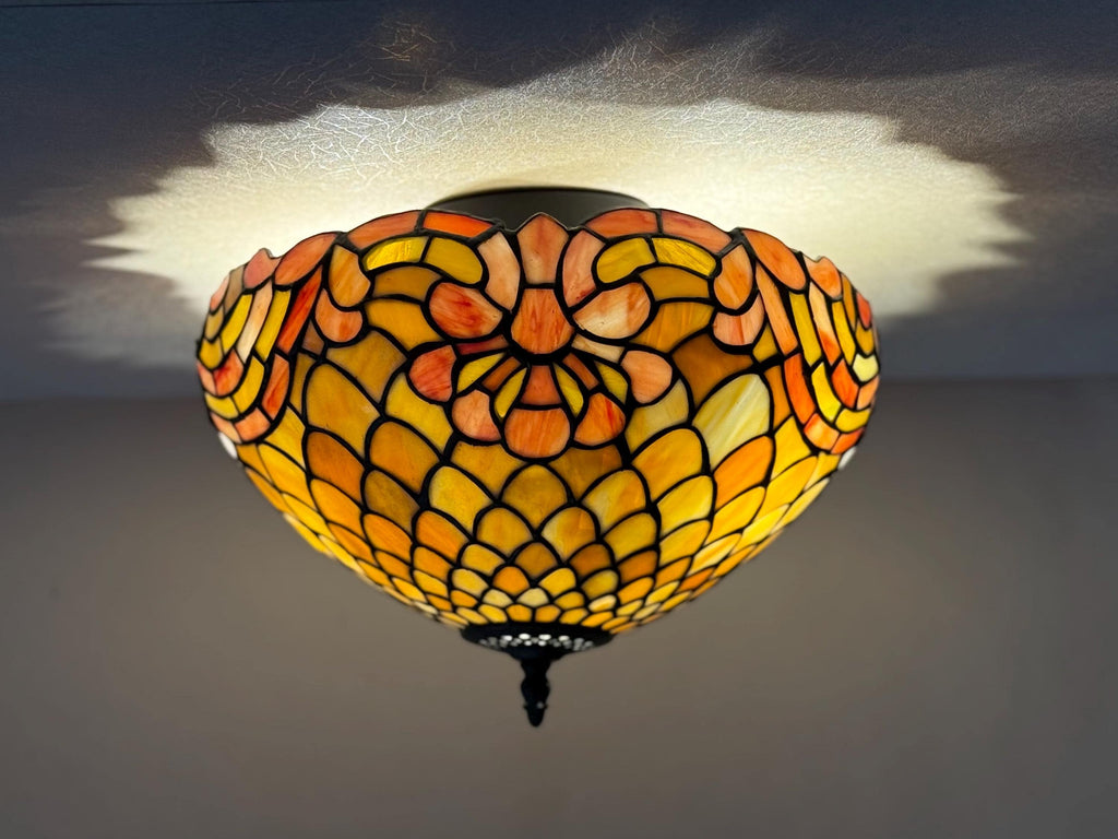 U2Antique Floral Dragonfly Tiffany Flush Mount Ceiling Lamp 14in