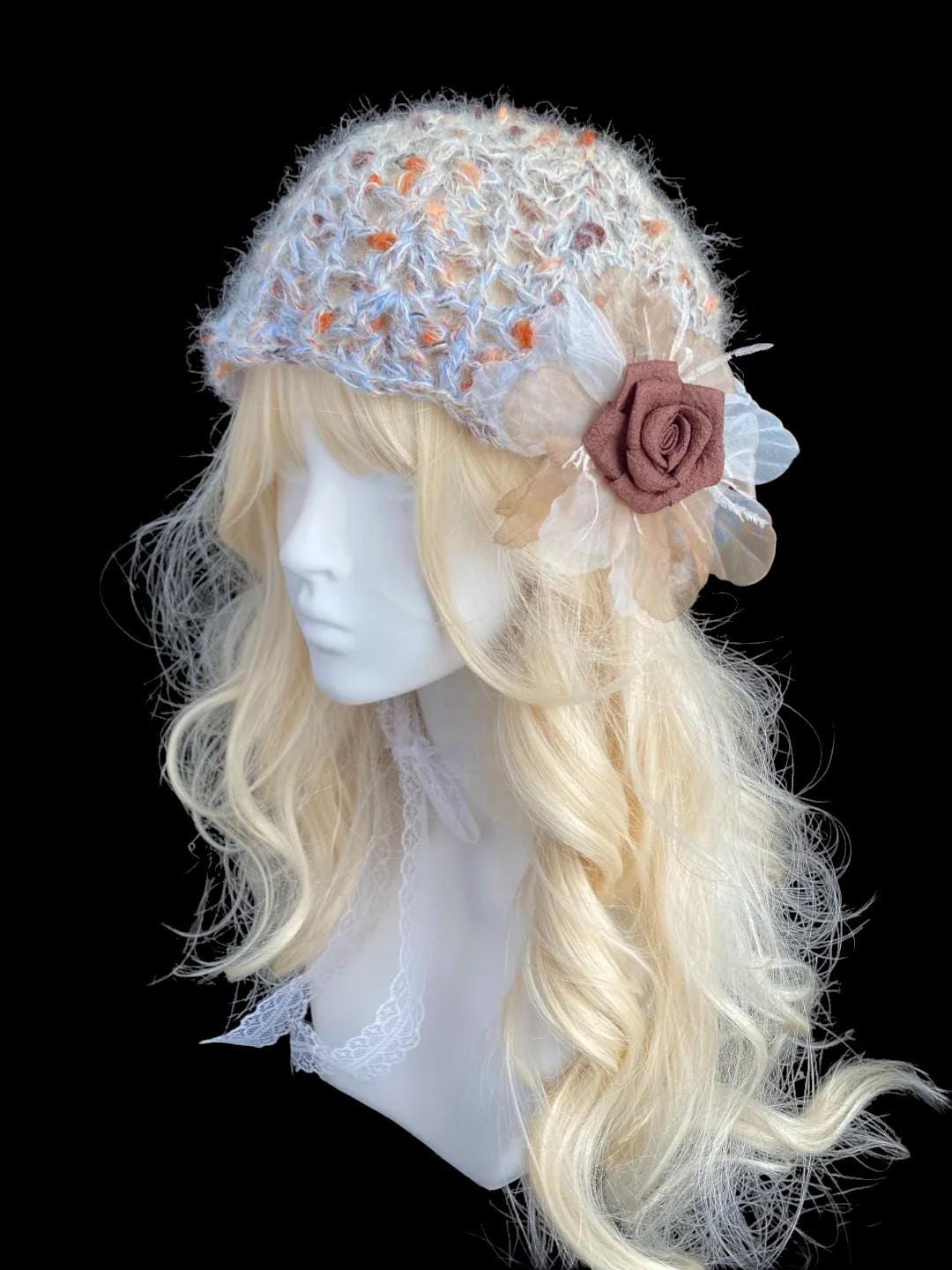 Vintage Rose Crochet Hat with Soft Textural Floral Accent