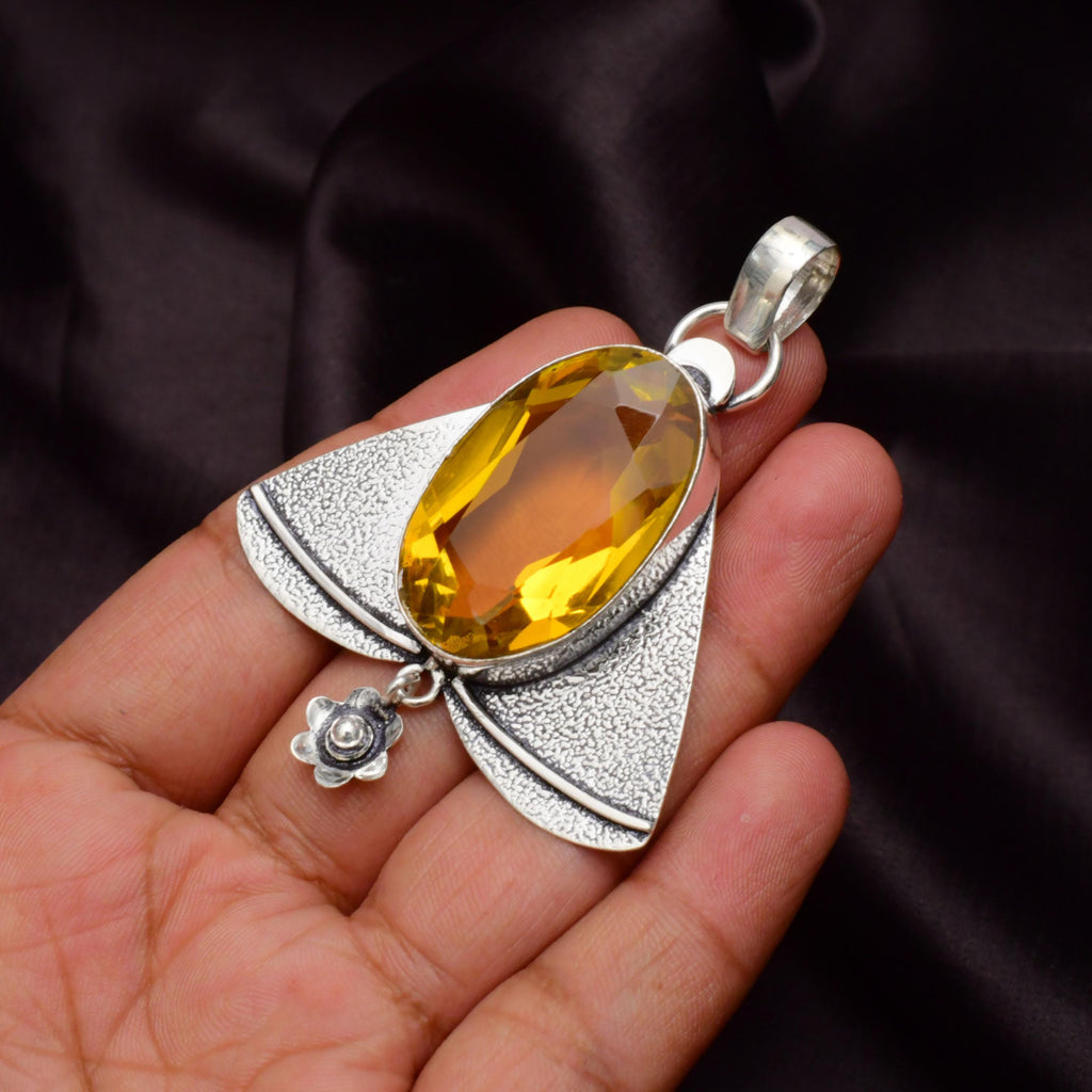 EkkJewels Handmade Citrine Gemstone 925 Sterling Silver Pendant Necklace