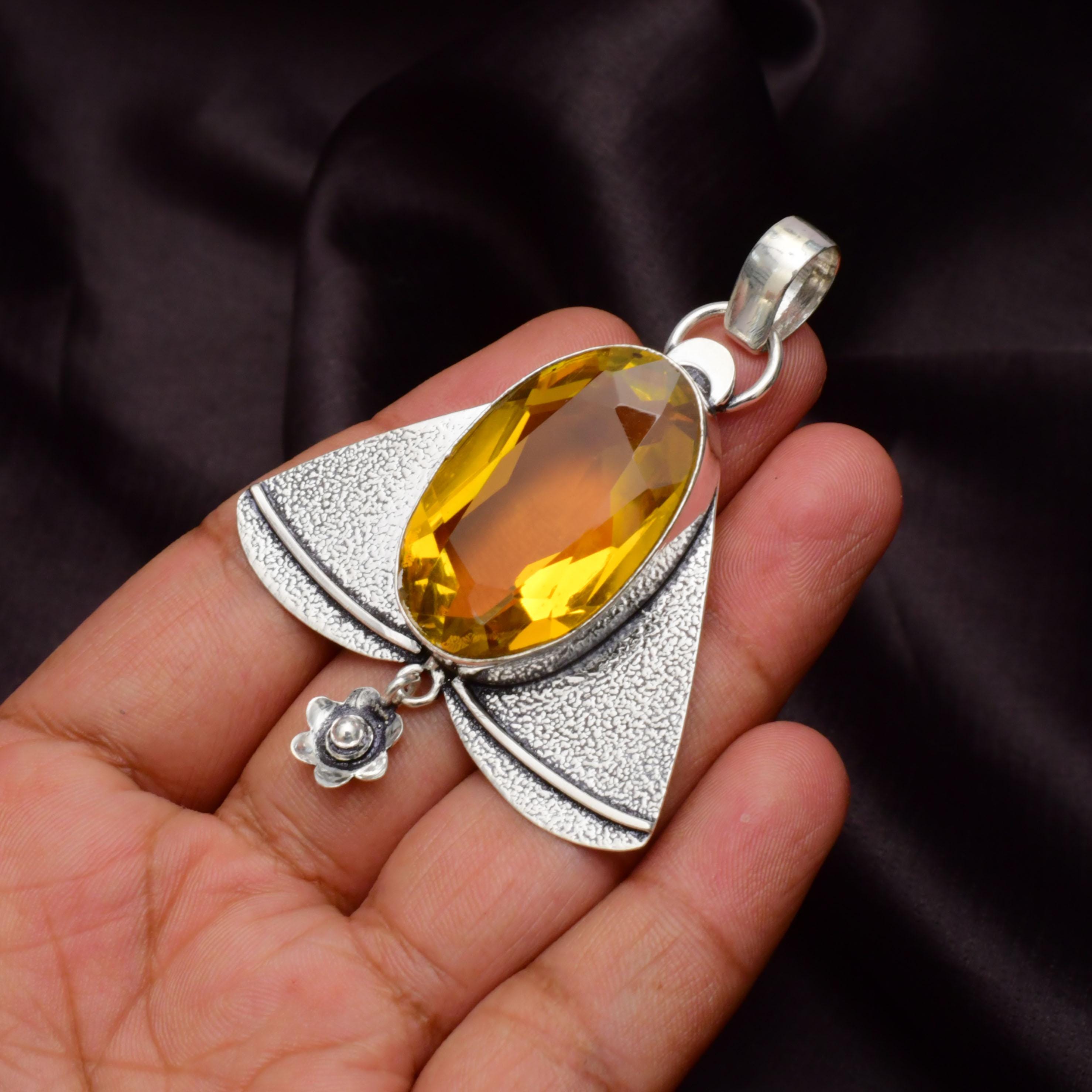 EkkJewels Handmade Citrine Gemstone 925 Sterling Silver Pendant Necklace