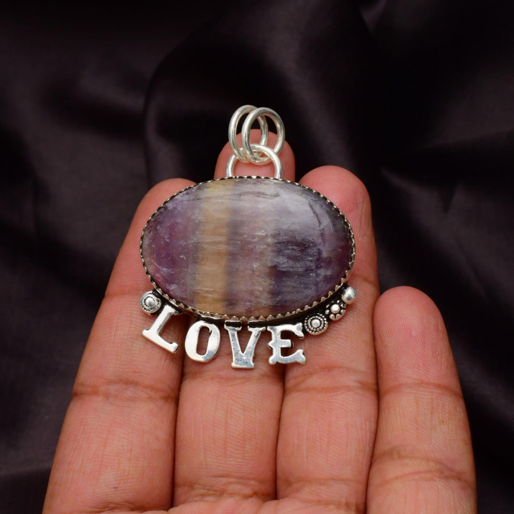 EkkJewels Fluorite Gemstone 925 Sterling Silver LOVE Pendant Necklace
