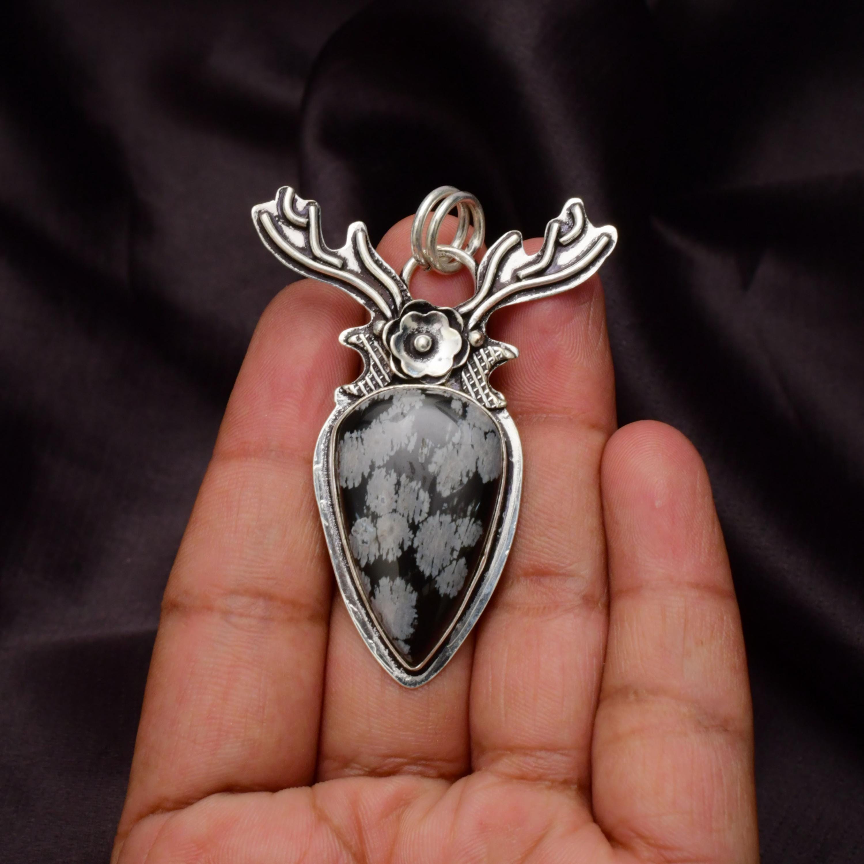 EkkJewels Snowflake Obsidian 925 Sterling Silver Deer Pendant Necklace