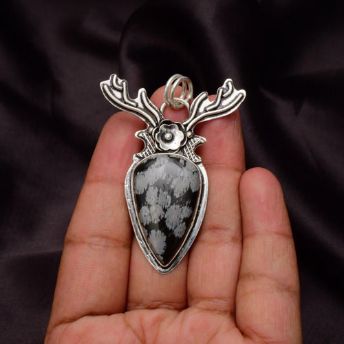 EkkJewels Snowflake Obsidian 925 Sterling Silver Deer Pendant Necklace