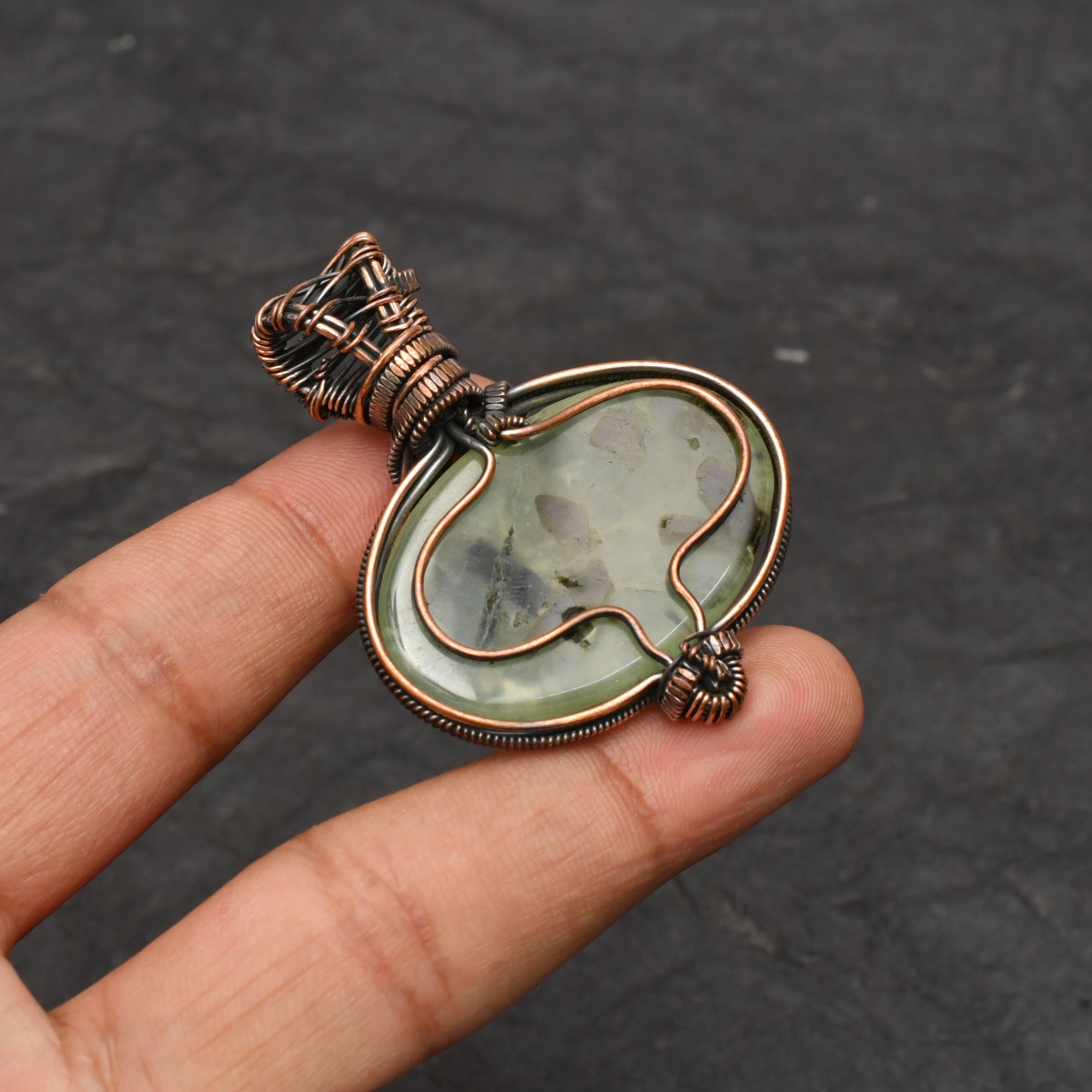EkkJewels Handmade Copper Wire Wrapped Prehnite Pendant Necklace