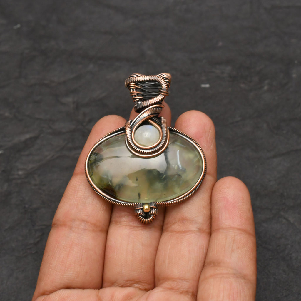 EkkJewels Handmade Copper Wire Wrapped Prehnite Pendant Necklace