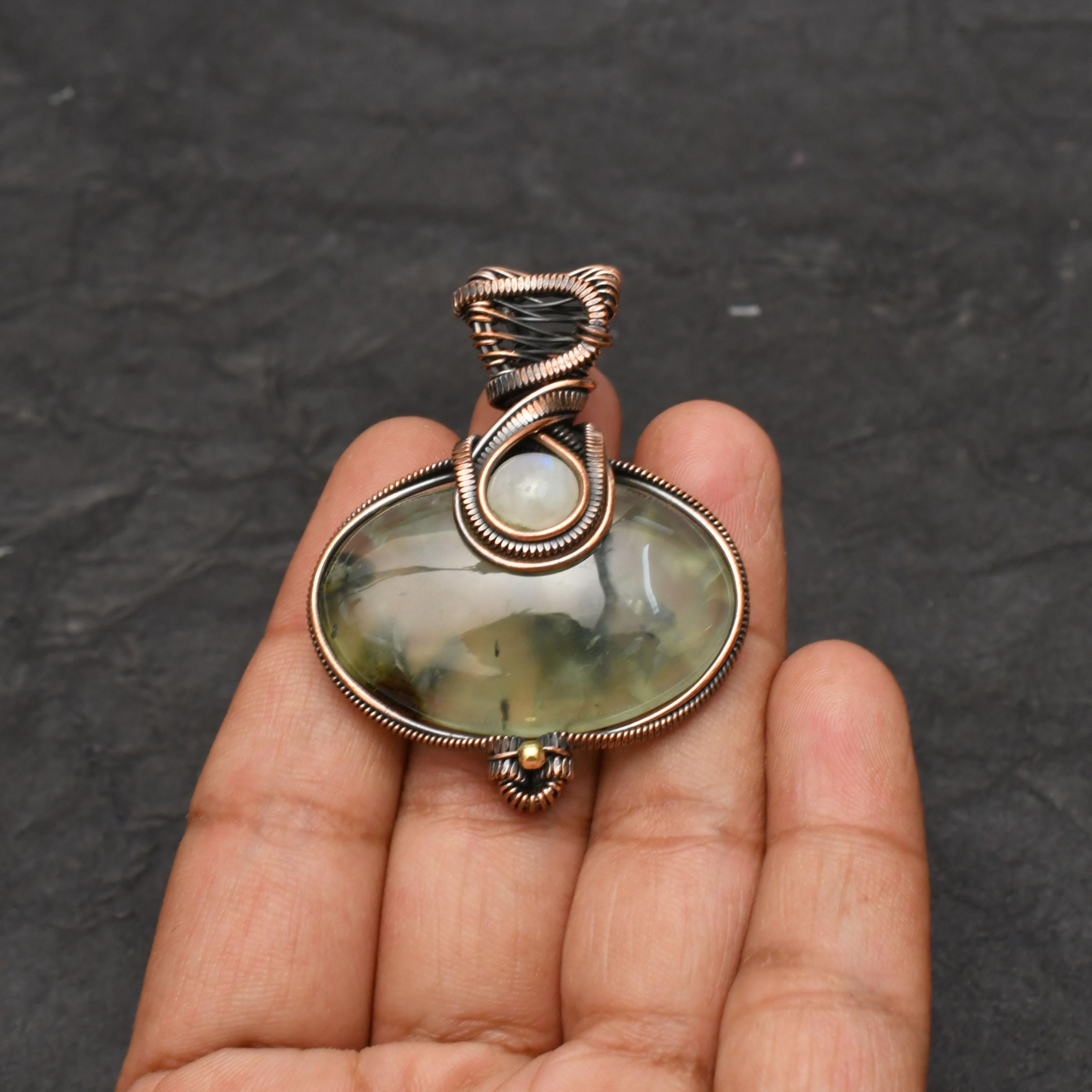 EkkJewels Handmade Copper Wire Wrapped Prehnite Pendant Necklace