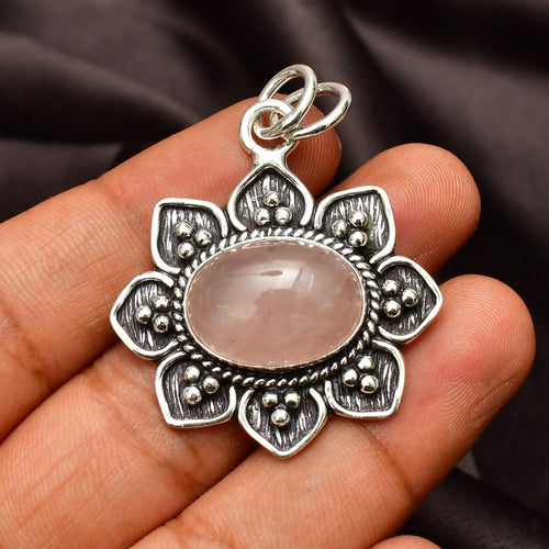 EkkJewels Rose Quartz 925 Sterling Silver Handmade Gemstone Pendant 5cm