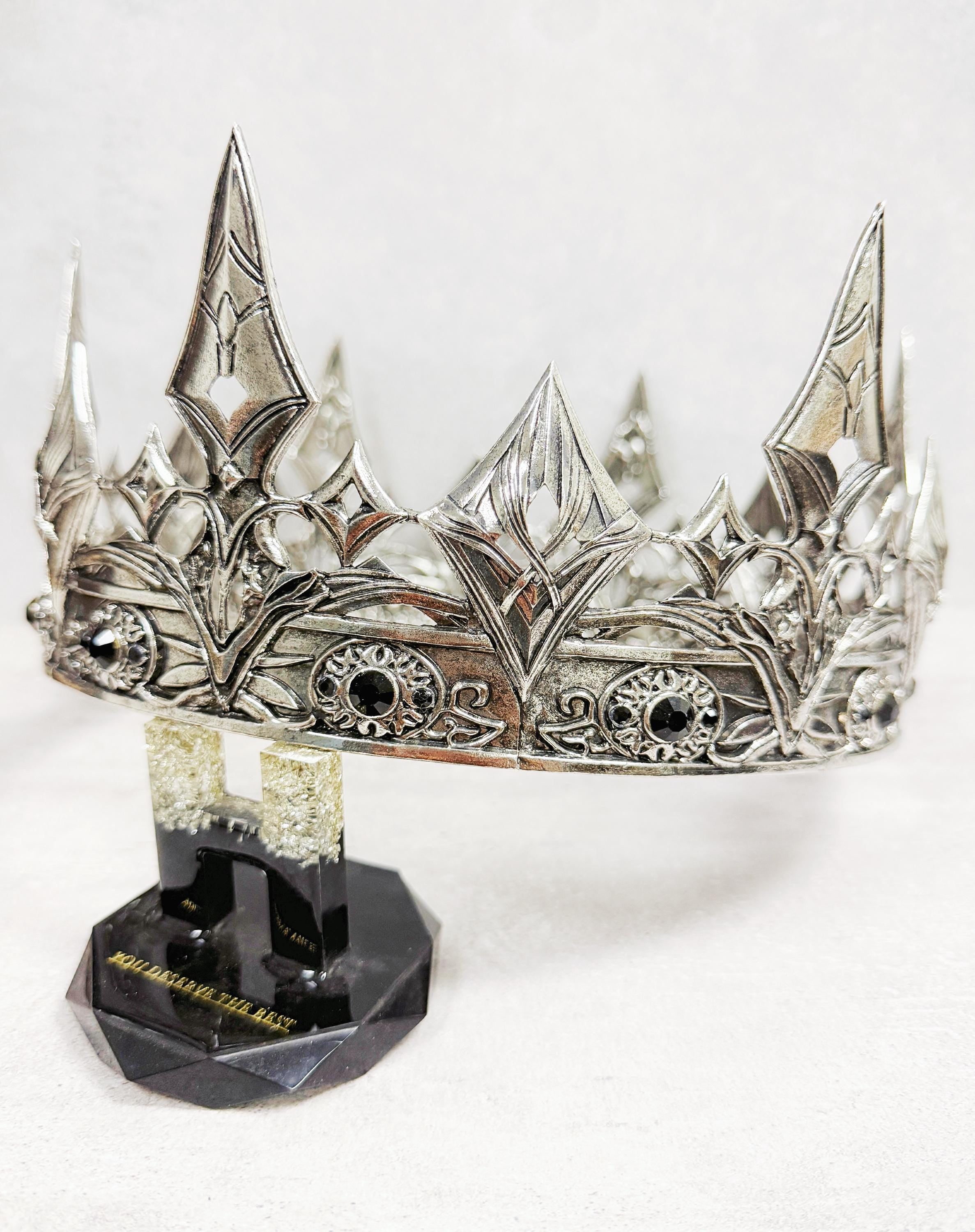 HappyJewelryWorld Medieval Knight Crown Silver Plated Black Gemstones
