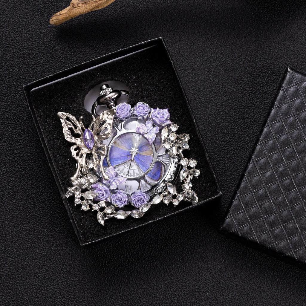 Oryeia Handmade Purple Butterfly Specimen Pocket Watch Necklace