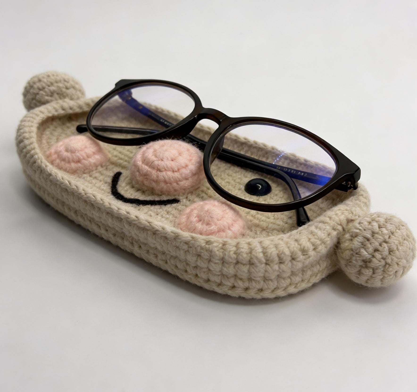 CrochetRecipe Handmade Piggy Bear Crochet Eyeglass Holder Stand Brown