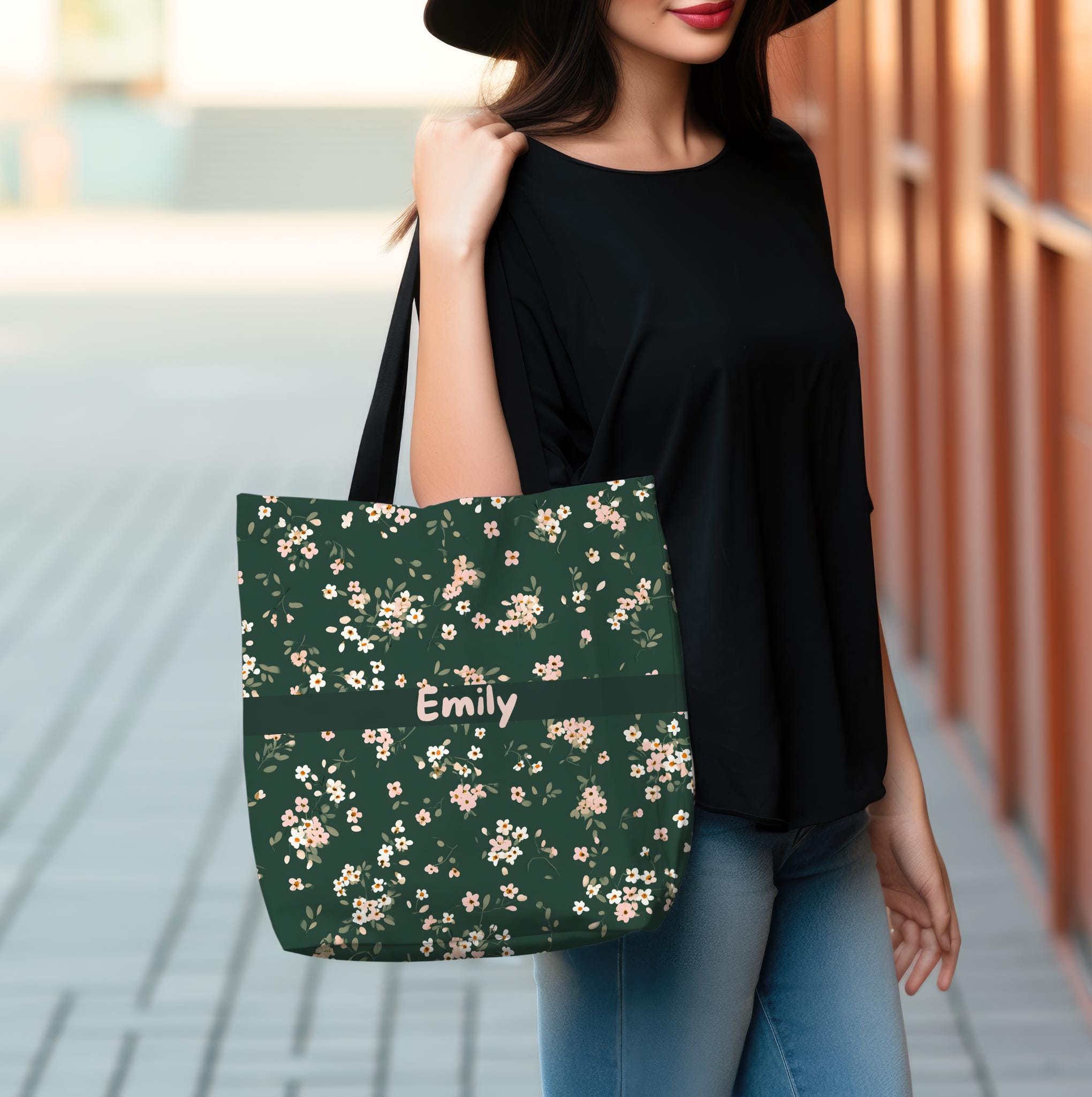 LELORESTORE Custom Name Floral Tote Bag 3 Sizes Green Botanical