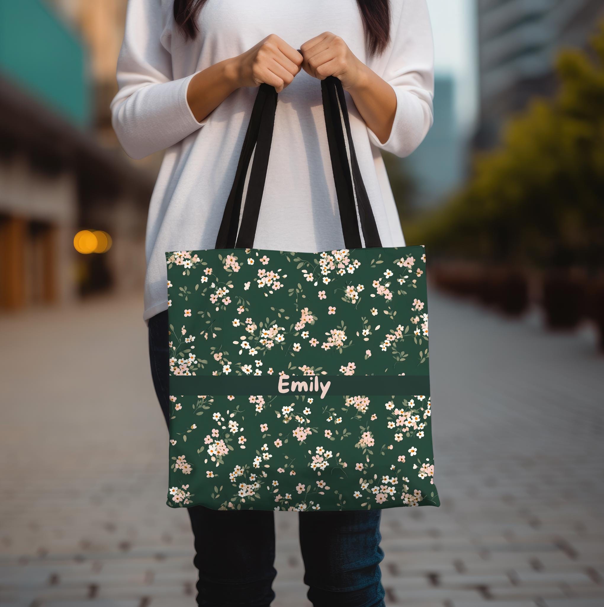 LELORESTORE Custom Name Floral Tote Bag 3 Sizes Green Botanical