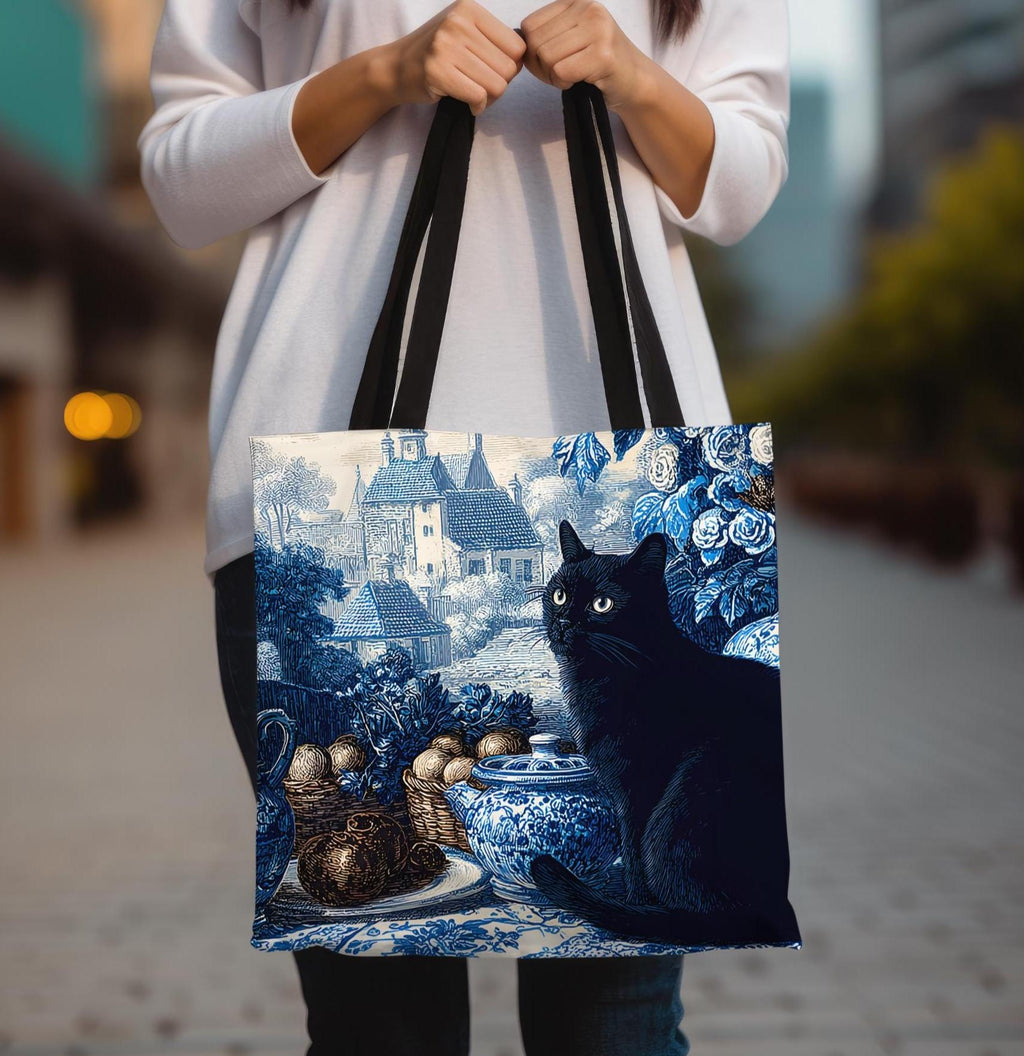 LELORESTORE Black Cat Toile Tote Bag Blue Shoulder Bag