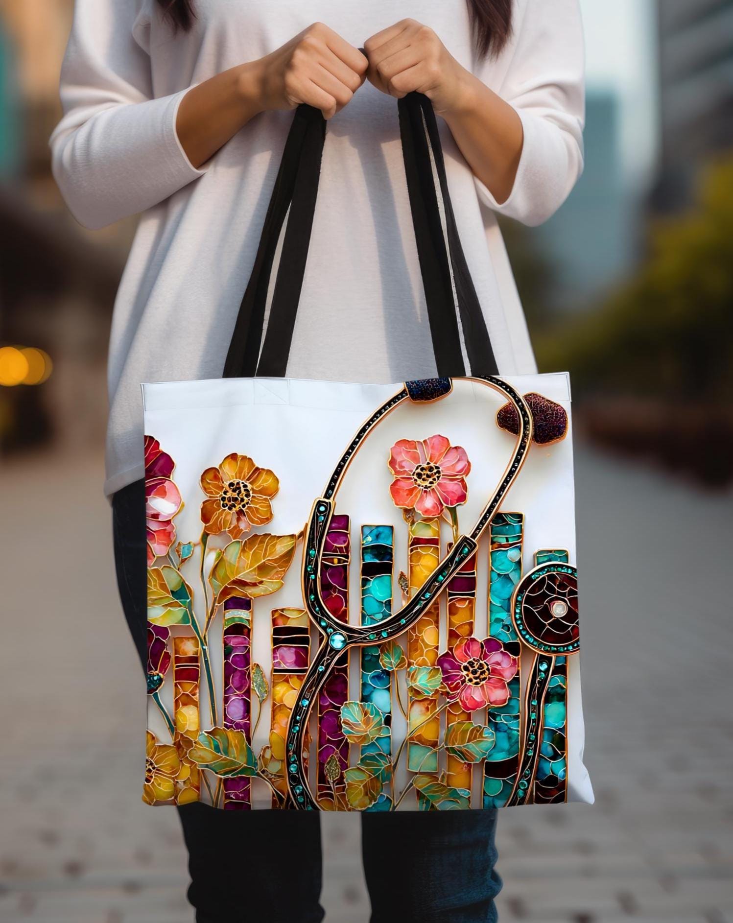 LELORESTORE Floral Bookshelf Tote Bag Boho Stained Glass Literary Gift
