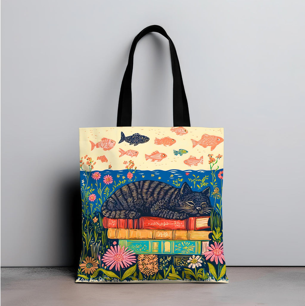 LELORESTORE Sleeping Black Cat Book Tote Bag 13in Floral Bookish Design