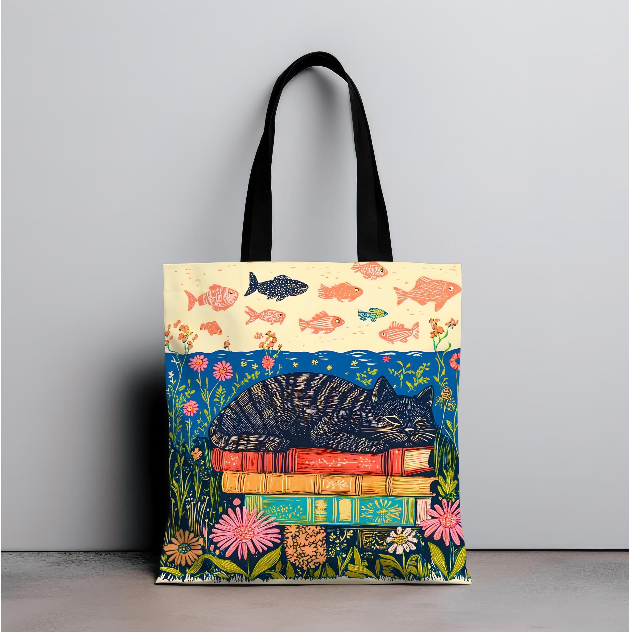 LELORESTORE Sleeping Black Cat Book Tote Bag 13in Floral Bookish Design
