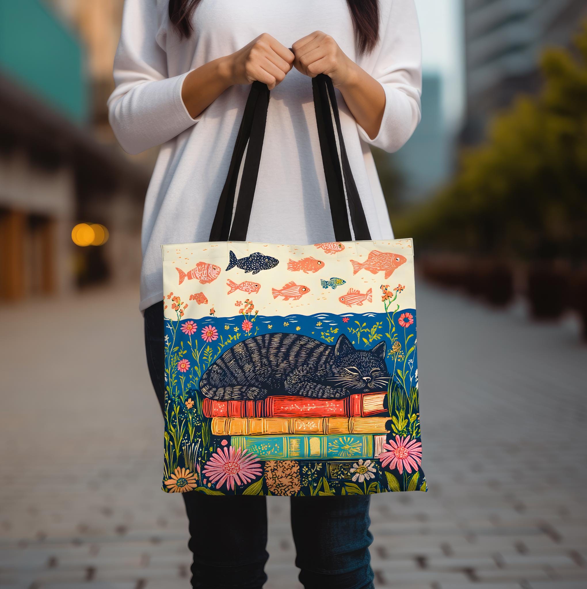 LELORESTORE Sleeping Black Cat Book Tote Bag 13in Floral Bookish Design